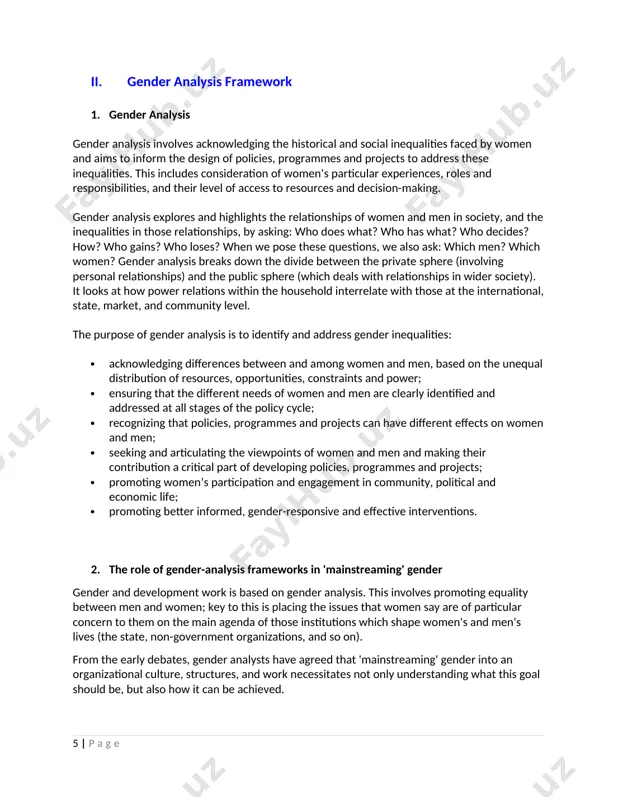 and women's control over their bodies. however, many of these issues are perceived as part of a natural order, which cannot be challenged. women may only be able to articulate their strategic interests/ needs once they have exchanged knowledge with someone who knows that it is possible to change the 'natural order'. this may be an external facilitator, or a community member who has experienced another environment or culture (for example, a returning migrant worker). men also have strategic interests/ needs: they may aim to transform their own roles (in order to be able to take part in child-care or to resist conscription into a fighting force), or, on the other hand, they may resist women's demands for more control over their own lives. some have argued that practical and strategic interests and needs cannot be so neatly separated. every practical development intervention has an effect on power relations (the …