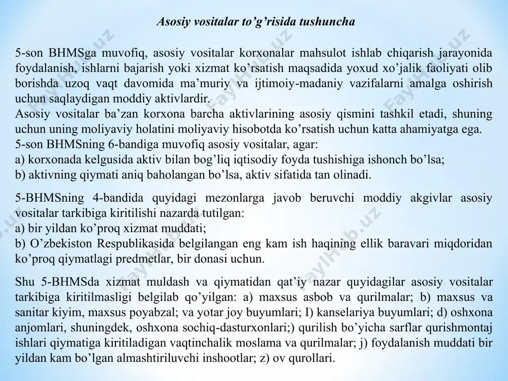 dan o’tkazish nizomga muvofik aniqlanadigan ishlab chnkarish tannarxi 3 тovar-moddiy zaxiralari (tayyor maxsulotlardan tashqari) tarkibidan o’tkazish 4son bhms "тovar-moddiy zaxiralar"ga muvofiq aniqlanadngan balans kiymati 4 qonun xujjatlarida belgnlangan tartibda ayirboshlash bo’yicha olish ayirboshlashda berilgan asosiy vositalar obyektinnng qoldik kiymati 5 qonun xujjatlarida belgilangan tartibda qo’shimcha pul to’lash yuli bilan ayirboshlash bo’yicha olish ayirboshlashda berilgan asosiy vositalarning obyektini qoldik kiymatini ayirboshlash paytida berilgan (olingan) pul mablaglari yoki uning ekvivalentlariga ko’paygan (kamaygan) summasi 6 qonun hujjatlarida belgilangan tartibda majburiyatlarni pulsiz vositalar bilan bajarish (to’lash)ni nazarda tutadigan shartmomalar buyicha olish korxona tomonidan bsrilgan yoki berilishi lozim bo’lgan boyliklar qiymatn yoxud shunga o’xshash asosiy vositalar obyektini tesh holatlarda sotib olinadigan qiymati asosiy vositalarga amortizatsiya hisoblash usullari va ularning buxgalteriya hisobi 21son bhmsga muvofiq, asosiy vositalar obyektlari bo’yicha hisoblangan amortizatsiya summasi buxgalteriya hisobida tegishli summalarni to’plash yo’li bilan asosiy vositalarning eskirishini hisobga oluvchi schyotlarda (0200) aks ettiriladi. хo’jalik yurituvchi subyektlarning buxgalteriya hisobida asosiy vositalar obyektlari …