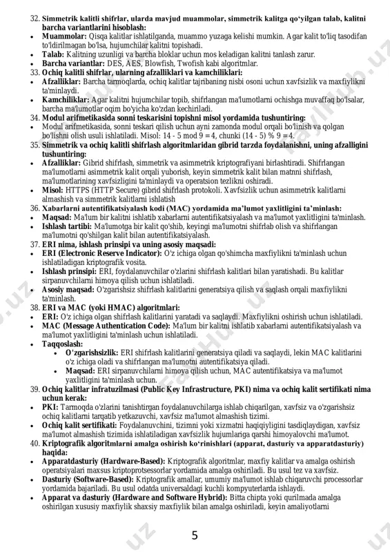 k strategiyasi nima:  kiberxavfsizlik strategiyasi, tarmoq va tizimlarini himoya qilish uchun amaliyotlarni boshqarish, xavfsizlik vaqtlarini tuzatish, foydalanuvchilarni ta'limotlarni olib borish, maxfiy ma'lumotlarni himoya qilish uchun texnologiyalarni kengaytirish, tarmoqni monitoring qilish va hujumlarga tez va samarali javob bermoqni o'z ichiga oladi.  3 15. kiberxavfsizlik arxitekturasi nima:  kiberxavfsizlik arxitekturasi, tarmoq va tizimlarni himoya qilish uchun muqobil texnologiyalar, protokollar va usullarni o'z ichiga oladi. bu arxitektura, xavfsizlik vositalarini birlashtirish, tarmoq trafiklarini monitoring qilish, xavfsizlik tuzatish va texnologik muhofaza qilishga yo'l qo'ymoqda. xavfsizlik arxitekturasi komponentlari o'zaro ko'rsatmalarga ega bo'lishi, hujumlarga qarshi samarali javob bermoqda 16. xavfsizlik siyosati nima, uning xususiyatlari, u nima uchun kerak:  xavfsizlik siyosati: bu, tashkilot yoki tizimning xavfsizlikni ta'minlash uchun qo'llanadigan qarorlar va usullarning umumiy to'plami. uning maqsadi, tizim yoki tashkilotni hujumlar, yo'qlig'lar, xavfsizlik vaziyatlariga qarshi himoya qilish va ma'lumotlarni maxfiy saqlashni ta'minlashdir.  xususiyatlari: xavfsizlik siyosati integratsiya, tahlil, muhofazani oshirish, monitoring, hodisalar bilan samarali ta'minlash, ta'limotlar …