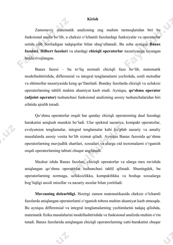 i operatorlarning qo‘shma operatorlari orqali dual fazoga o‘tishi va ularning xossalari bilan bog‘liq nazariy va amaliy jihatlaridir. 1. banax fazosi haqida umumiy tushuncha normali fazo — bu vektor fazo bo‘lib, unda har bir vektorning uzunligini ifodalovchi norma aniqlangan. norma — bu funksional bo‘lib, u har bir vektorga haqiqiy musbat son moslashtiradi va u quyidagi xossalarga ega: agar x vektor fazo bo‘lsa, ∥⋅∥:x→r norma quyidagicha aniqlanadi: 1. nol bo‘lmaslik (positiv definiteness): ∥x∥=0 ⟺ x=0 2. gomogenlik (bir jinslilik): ∥αx∥=∣α∣⋅∥x∥ har qanday α∈r (yoki c) 3. uchburchak tengsizligi: ∥x+y∥≤∥x∥+∥y∥ norma bilan jihozlangan har qanday vektor fazo normali fazo deb ataladi. ta’rif:agar normali fazo x to‘liq bo‘lsa, ya’ni har qanday normaga nisbatan yaqinlashuvchi (koshy) ketma-ketlikning limiti shu fazoda mavjud bo‘lsa, u holda bu fazo banax fazosi deb ataladi. e haqiqiy chiziqli fazo bo’lsin. agar :e[0,) funkstionallar uchun: 1) (x+u) (x)+ ( u) 2) (x)=(x), 0 shartlar bajarilsa, u holda funkstionalni qabariq deyiladi. bu …