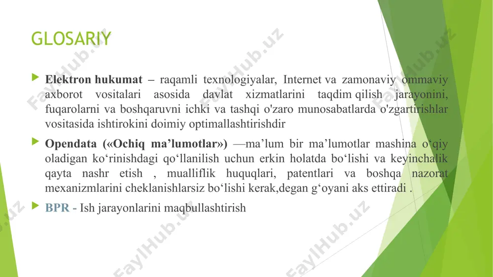 n hukumat tafsiflari davlat va xukumat organlarini boshqarish vazifalarini samarali bajarilishi. xalq xukumat tizimini yaratish, axborot va xizmatlardan foydalanishni ta’minlash, shuningdek davlat boshqaruvi samaradorligini oshirish va davlat xizmatlaridan unumli foydalanish uchun axborot texnologiyalarini qo‘llash. hukumat va xalq o‘rtasidagi o‘zaro munosabatlarni yaxshilash maqsadida xalq va davlatga axborotni xamda xizmatlarni taqdim etish uchun internetdan foydalanish. koreya aqsh bmt o’zbekiston davlat organlarining jismoniy va yuridik shaxslarga axborot-kommunikatsiya texnologiyalarini qo‘llash yo‘li bilan davlat xizmatlari ko‘rsatishga doir faoliyatini, shuningdek idoralararo elektron hamkorlik qilishni ta’minlashga qaratilgan tashkiliy-huquqiy chora-tadbirlar va texnik vositalar tizimi elektron hukumat elektron hukumat, bu – raqamli texnologiyalar, internet va zamonaviy ommaviy axborot vositalari asosida davlat xizmatlarini taqdim qilish jarayonini, fuqarolarni va boshqaruvni ichki va tashqi o'zaro munosabatlarda o'zgartirishlar vositasida ishtirokini doimiy optimallashtirishdir. elektron hukumat aholiga, tadbirkorlarga va davlat organlariga ko'rsatilayotgan davlat xizmatlarini taqdim qilishni osonlashtiradi, fuqarolarning o'z-o'zini boshqarishlari uchun qo'shimcha imkoniyatlar yaratadi, ularning texnologik yangiliklardan xabardorligini oshiradi va davlat boshqaruvidagi ishtirokini osonlashtiradi. o‘zbekiston …