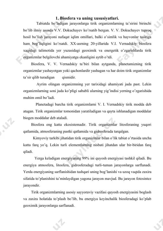 osintez jarayondir. tirik organizmlarning asosiy sayyoraviy vazifasi quyosh energiyasini boglash va zaxira holatida to’plash bo’lib, bu energiya keyinchalik biosferadagi ko’plab geoximik jarayonlarga sarflanadi. tirik organizmlar o’z tarixi davomida juda katta energiyani o’zlashtirgan. bu energiyaning kattagina qismi tarix davomida bog’langan xolda to’planib qolgan. bo’lar ko’mir, torf va boshqa organik moddalardir. biosferada mikroorganizmlar hayot faoliyat natijasida o’zgaruvchan valentli elementlarning (azot, magniy, ferrum) oksidlanishi va qaytarilishi amalga oshadi. qaytaruvchi mikroorganizmlar geterotrof bo’lib, energiya manbai sifatida organik moddalardan foydalanadi. oksidlovchi bakteriyalar avtograf va geterotrof bo’lishi mumkin. bunday organizmlarning hayot faoliyatining geologik natijasi oltingurgut, metal sulfidlari yotkiziklarining, temirli va temir- marganesli rudalarining hosil bo’lishidir. ko’pchilik geterotroflar: asosan zamburuglar, hayvonlar va mikroorganizmlar hayot faoliyati natijasida organik moddalarning parchalanishi amalga oshadi. bundan tashqari, tuproqda mikroorganizmlar hayot faoliyati natijasida energiya zaxirasiga ega bo’lgan murakkab kompleks birikma - gumus hosil bo’ladi. bu birikma tuproq unumdorligining asosi hisoblanadi. gumusning parchalanishi juda sekin sodir bo’ladi, shuning uchun o’simliklar doimo mineral elementlar …