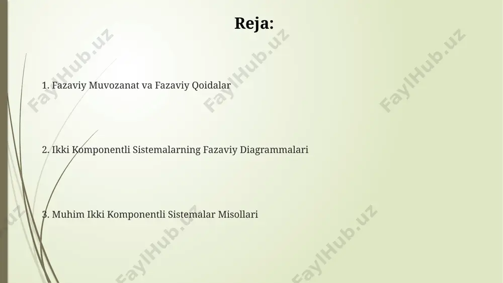 eritma va sof komponent) hududni hosil qiladi. ikki komponentli tizimning qattiq-suyuq muvozanat diagrammasi, masalan, mis-nikel diagrammasi, solvus chizig'i bilan chegaralangan qattiq eritmalarni turli nisbatlarda o'z ichiga olishi mumkin. suyuq eritmalar suyuq eritmalarning faza diagrammalarida, 20°c da ikki komponentli sistema uchun, suyuqlik fazasi biror bir nuqtada ikki komponentning 50/50 mol foizli tarkibini ko'rsatishi mumkin. suyuq eritmalarning faza diagrammasi azeotrop nuqtasini ko'rsatishi mumkin, bu yerda bug' va suyuqlik fazalari bir xil tarkibga ega bo'lib, 90°c da qaynash nuqtasi minimal yoki maksimal bo'ladi. eritmaning qaynash nuqtasi, raoult qonuniga muvofiq, komponentlarning mol fraktsiyalariga bog'liq bo'lib, ideal eritmalar uchun bosimga nisbatan chiziqli emas. qattiq eritmalar qattiq eritmalarning erish temperaturasi, komponentlarning nisbatiga bog'liq holda, eutectic nuqtadan yuqori yoki pastroq bo'lishi mumkin. ikki komponentli qattiq eritma diagrammasida, masalan, 70% a va 30% b kompozitsiyasidagi qotishma, xona haroratida bitta faza sifatida mavjud bo'lishi mumkin. qattiq eritmalar tarkibidagi komponentlarning nisbati 0 dan 100% gacha o'zgarib turadi va bu nisbatlar …