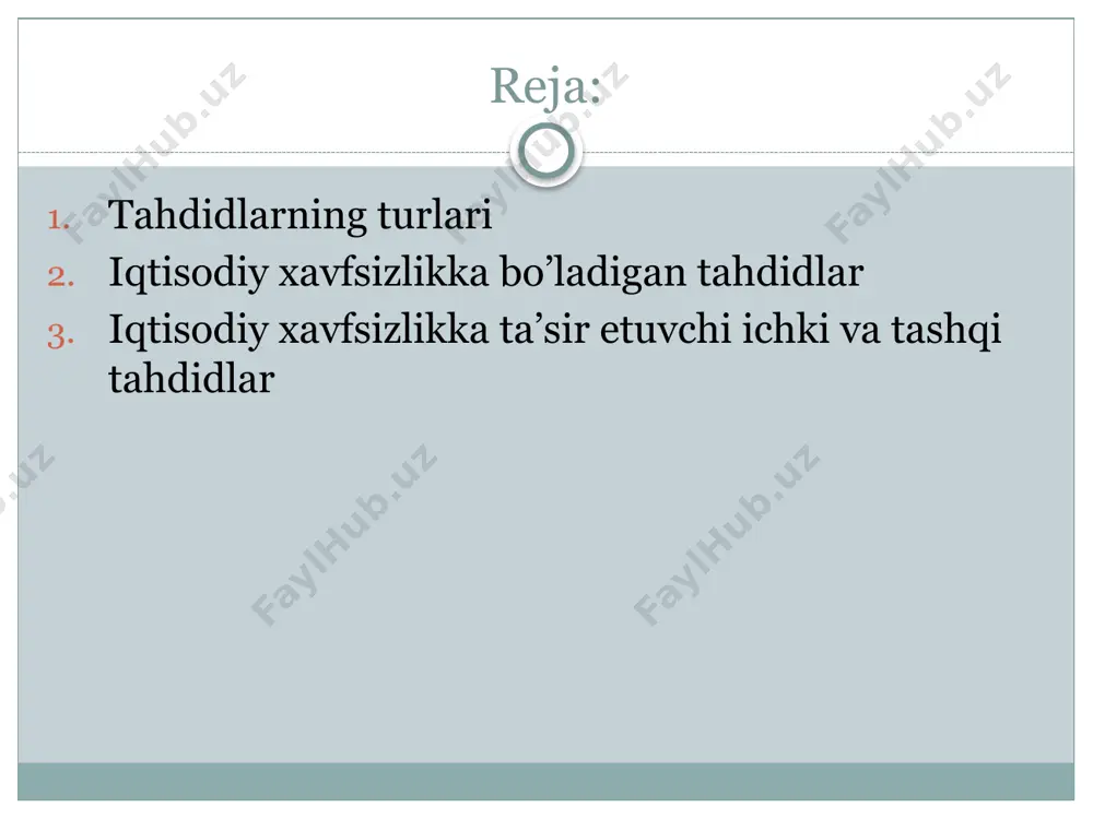 agi o’zgarishlar, kirib kelayotgan kapital (xorijiy investitsiyalar) hajmidan mamlakatdan chiqib ketayotgan kapital hajmining ortib ketishi, tashqi qarz miqdorining kattalashib ketishi, importga bog’lanib qolish, eksport tarkibida xom ashyo mahsulotlari ulushining oshib ketishi tashqi tahdidlar qatoriga kiradi. agar mamlakat ichidagi tahdidlarni oldi olinmasa, ular bartaraf etilmasa, ichki tahdidlar iqtisodiyotni tashqi tahdidlarga sezuvchan qilib qo’yadi. adabiyotlarda iqtisodiy xavfsizlikka ichki tahdidlar sifatida quyidagilar keltiriladi: - mamlakat iqtisodiyotining biryoqlama rivojlanganligi va tarkibiy deformatsiyaning kuchayishi; - milliy iqtisodiyot raqobatbardoshligining pastligi; - iqtisodiyotning yuqori darajada monopollashuvi; - yuqori darajadagi inflyatsiya; - mineral – xom ashyo bazalarining kam o’rganilganligi; - mamlakat ilmiy-texnika salohiyatining yomonlashuvi, fan-texnika rivojlanishining ayrim yo’nalishlarida ilg’or o’rinlarning boy berilishi, boshqa faoliyat sohalarida intellektual mehnat nufuzi va obro’- e’tiborining tushib ketishi; - infratuzilmaning rivojlanmaganligi; - ichki bozorlardan milliy tovarlarning chet el tovarlari tomonidan siqib chiqarilishi; - hududiy separatizm va lobbizmning yuqoriligi; - investitsion faollikning pasayishi; - ijtimoiy ziddiyatlar kelib chiqish xavfining mavjudligi; - qonunchilikning rivojlanmaganligi, huquqiy …