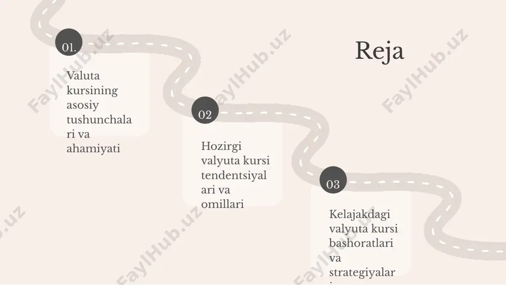 anslari - eksport va import o'rtasidagi farq valyuta talabiga ta'sir qiladi. savdo ortiqchaligi valyuta qiymatini oshirishi mumkin, aksincha, defitsit esa valyutaning pasayishiga olib keladi. 01. 02. 03. hozirgi valyuta kursi tendentsiyalari hozirgi valyuta kursi tendentsiyalari o'zbekiston iqtisodiyotining muhim jihatlaridan biri hisoblanadi. boshqa davlatlarning valyuta kurslaridagi o'zgarishlar va global iqtisodiy holat o'zbekistonning valyuta kursiga ta'sir qiladi. o'zbekistonda rasmiy va norasmiy valyuta kurslari o'rtasidagi farqlarni tushunish zarur. ayni paytda, dollar va yevro kurslari o'zbekiston iqtisodiyotida muhim rol o'ynaydi. shuningdek, markaziy bank tomonidan belgilangan siyosatlar va iqtisodiy ko'rsatkichlar ham valyuta kursiga ta'sir ko'rsatadi. valyuta kursiga ta'sir etuvchi omillar valyuta kursiga ta'sir etuvchi iqtisodiy omillar orasida inflyatsiya, iqtisodiy o'sish va savdo balansi muhim rol o'ynaydi. inflyatsiya darajasi oshganida, valyuta qadrsizlanadi, bu esa import va eksportga ta'sir qiladi. iqtisodiy o'sish valyutaning kuchini oshiradi, chunki investorlar ko'proq sarmoya kiritishga tayyor bo'ladi. savdo balansi, ya'ni mamlakatning eksport va importi o'rtasidagi farq ham valyuta qiymatini belgilaydi. siyosiy omillar, …