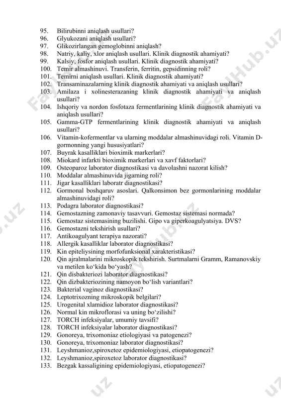 k va kalorimetrik usuli? 75. oqsillar. axamiyati, strukturasi, fizik-kimyoviy hususiyatlari va funksiyasi? 76. o‘tkir faza oqsillari? 77. pigmentlar almashinuvi. bilirubin hosil bo‘lishi? 78. uglevodlar, klassifikatsiyasi, biologik ahamiyati. uglevodlarni oshqozon ichak traktida so‘rilishi? 79. uglevodlar almashinuvining neyroendokrin boshqarilishi. 1 va 2 tip qandli diabet? 80. qandli diabet zamonaviy laborator diagnostikasi? 81. qandli diabet asoratlari laborator diagnostikasi? 82. lipidlarning tuzilishi, klassifikatsiyasi va biologik roli? 83. lipidlar almashinuvining buzilishi. ateroskleroz? 84. umumiy xolesterinni aniqlashning klinik diagnostik ahamiyati, aterogenlik indeksini hisoblash? 85. past va yuqori zichlikka ega bo‘lgan lipoproteidlarni (lpnp) aniqlashning klinik diagnostik ahamiyati? 86. triglitseridlarni aniqlash usullari? 87. fermentlar, tuzilishi, klassifikatsiyasi? 88. fermentativ jarayonlar kinetikasi. fermentlar aktivligini boshqarilishi. enzimopatiyalar? 89. enzimodiagnostika asoslari? 90. umumiy oqsilni va albuminni aniqlash usullari? 91. srb, rf, aslo aniklash. klinik diagnostik ahamiyati? 92. qoldiq azot. azotemiyalar. klinik diagnostik ahamiyati? 93. mochevinani aniqlash usullari? 94. kreatininni aniqlash usullari? 95. bilirubinni aniqlash usullari? 96. glyukozani aniqlash usullari? 97. glikozirlangan gemoglobinni …