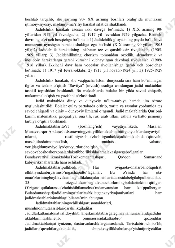 sh, barqaror milliy valyutani joriy qilish va milliy qo’shin tuzish. jadidchilik harakati ba’zi-bir tarixga oid adabiyotlarda aytilganidek, “oldin madaniy-ma’rifiy harakat bo‘lib, keyin ijtimoiy-siyosiy harakatga o‘sib o‘gani” yo‘q. u o‘z tabiati maqsad va mohiyatiga ko‘ra, dastlabki kundanoq, ijtimoiy-siyosiy, madaniy-ma’rifiy va islohotchilik harakati bo‘lgan. s.xolboyev fikricha, birinchidan, jadidchilik islomdagi taraqqiyotparvarlik, ilm-fanga rag‘bat va dunyoviylikning yangi davrdagi ko‘rinishi sifatida paydo bo‘ldi. jadidlar islomni har xil mutassiblik bid’atlardan asrab rivojlantirdilar. ikkinchidan, jadidchilikni paydo bo‘lishi va rivojlanishiga sharq va g‘arb mamlakatlarida rivojlangan quyidagi demokratik, milliy-ozodlik, islohotchilik harakatlarining ta’siri ham kuchli bo‘ldi: 1. jamoliddin afg‘oniy (1839-1897) va muhammad abdolar (1848-1903) asos solgan musulmon dunyosidagi islohotchilik va “nahda” (uyg‘onish) harakatlari. 2. xix asrning 90-yillaridan boshlanib, 1905-1907 va 1917 yillarda katta g‘alabalarga erishgan rus sotsial demokratik va inqilobiy harakatlari. 3. turkiyadagi aksilmonarxistik, konstitutsion demokratik, ijtimoiy-milliy uyg‘onish harakatlari: tanzimat (1840-1860), yosh usmonlilar (1865-yildan 80-yillargacha), yosh turklar (1889-1918) va 1908-1909 yillardagi demokratik-inqilobiy harakatlar. 4. jadidchilik harakatining paydo bo‘lib, rivojlanishida qrimlik …