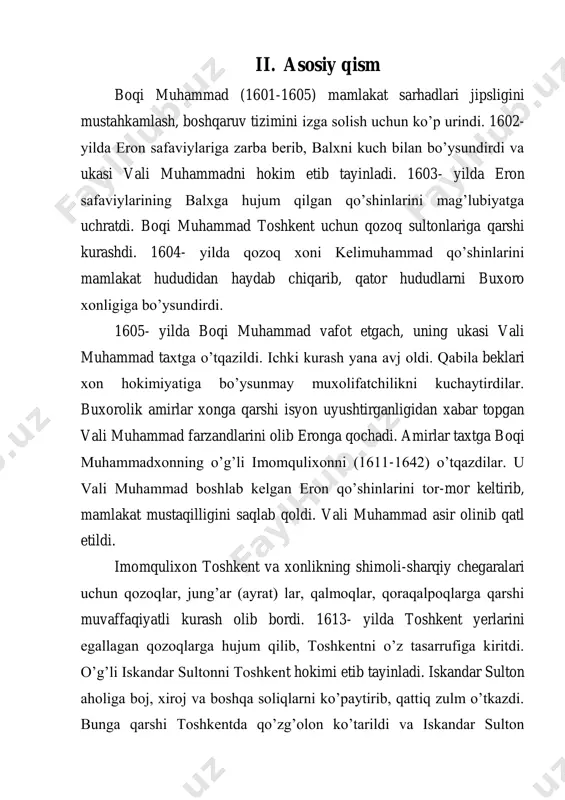 otgan o’g’illariga qarshi, ikkinchi tomondan, movarounnahr viloyatlaridagi amir va beklarga qarshi urushlar qilishga majbur bo’ldi. uchinchi tomondan, xiva xoni anushaxon qo’shinlari hujum qilib, buxoro, karmana va vardonzeni egalladi, hatto samarqandni ham ishg’ol qildi. samarqandda anushaxon nomiga xutba o’qitilib, uning nomidan tanga pullar zarb etiladi. subhonqulixon qatag’on urug’idan bo’lmish badaxshon hokimi mahmudbiy otaliq yordamida xiva qo’shinlarini samarqanddan quvib chiqarishga erishdi. samarqandliklar qattiq jazolandi. so’ngra balxga yurish qilib, isyonkor o’g’li siddiq muhammadga zarba beradi va zindonband qilib, o’ldiradi.balx hokimligi yuzqabilasining sardori muhammad hoji otaliqqa topshiriladi. subhonqulixon balxdaligidan foydalangan anushaxon buxoro atroflariga yana bostirib kelib u yerlarni talon-taroj qiladi va katta o’ljalar bilan qaytib ketadi. subhonqulixon fitnasi bilan 1686- yilda xiva xoni anushaxon ko’ziga mil tortiladi va taxtdan tushiriladi. subhonqulixon 1688- yilda xivadagi tarafdorlari xizmatidan foydalanib, xiva xoni erengxonning o’ldirilishiga erishadi va xorazm buxoro xonligi tasarrufiga olinadi. subhonqulixon amir shohniyozni xivaga hokim etib tayinlaydi. qirg’inbarot urushlar, ichki nizolar mamlakat iqtisodiyotini chuqur tanazzulga tushiradi. …