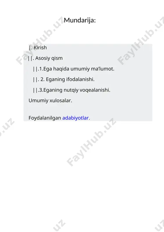 a. bu esa, o‘z navbatida, tilning ichki imkoniyatlarini egallash, milliy ma’naviyatni takomillashtirish va uni yoshlar ongiga singdirishda alohida ahamiyatli ekanligini ko‘rsatadi. ma’noli va teng huquqli fenomen singari madaniyat bilan qiyoslab o‘rganish mumkin bo‘ladi. ||.asosiy qism. ||.1. ega haqida umumiy ma’lumot. ega haqida umumiy ma’lumot. ega gap kesimini shakllantiruvchi [pm] – kesimlik kategoriyasida mujassamlashgan shaxs-son (sh) ma’nosini muayyanlashtiruvchi gap kengaytiruvchisi: 1. elchibek asta o‘rnidan turdi. (a.mux.) 2. biri – sensan, biri – men. (oyb.) 3. shunday o‘lka doim bor bo‘lsin. (h.olim.) 4. (sen) aytar so‘zni ayt, (sen) aytmas so‘zdan qayt. (maqol) birinchi gapda elchibek so‘zi kesimdagi uchinchi shaxs birlik (nol) kesimlik qo‘shimchasining, ikkinchi gapdagi biri so‘zlari sensan kesimining ikkinchi shaxs birlik (-san) va men so‘zidagi birinchi shaxs birlik (-man), uchinchi gapdagi o‘lka so‘zi bor bo‘lsin kesimidagi uchinchi shaxs (-sin), to‘rtinchi gapdagi ifodalanmagan (sen, sen) ayt, qayt so‘zlari bilan ifodalangan kesimdagi ikkinchi shaxs birlik (nol) kesimlik ma’nosining muayyanlashtiruvchisi, kengaytiruvchisi. ega gapdagi fikr …