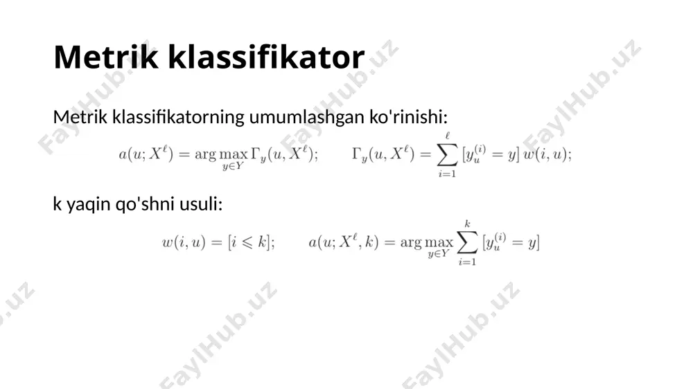 r usuli = chiziqli klassifikator ikkita sinf chiziqli klassifikatsiya modeli: x obyektning yangi alomatlari (j-obyektgacha masofa) chiziqli klassifikator vaznlari alomatlar soni o'qitishdagi obyektlar soniga teng etalon obyektlar etalon obyektlar – o'z sinfining tipik vakillari. shovqin obyektlar – begona sinf vakillari orasidagi obyektlar. bunday obyektlarni aniqlash uchun obyektning chegeradan siljish tushunchasi kiritiladi. ko'rinishidagi klassifikatsiya algoritmiga nisbatan xi obyektning chegaradan siljishi: siljish manfiy qiymat bo'lganda algoritm xato ishlayotgan hisoblanadi. obyektlar turlari etalon obyektlar – yuqori musbat siljishga ega, atrofida o'z sinfi vakillari juda ko'p. o'z sinfining tipik vakillari. noinformativ obyektlar – musbat siljishga ega, lekin bu obyektlarni tanlanmadan chiqarib tashlash klassifikatsiya sifatiga ta'sir ko'rsatmaydi. chegara obyektlar – nolga yaqin siljishga ega. metrikani o'zgartirish yoki tanlanma tarkibini o'zgartirish ularning klassifikatsiyasiga ta'sir ko'rsatishi mumkin. xato obyektlar – manfiy siljishga ega, xato sinfga ajratilishi mumkin. algoritm modeli noto'g'ri qurilishi sababli. shovqin obyektlar – yuqori manfiy siljishga ega. atrofida boshqa sinf vakillari joylashgan va xato sinfga …