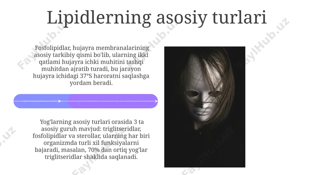 ni sintezida muhim rol o'ynaydi. yog'da eriydigan vitaminlar d vitamini (xolekaltsiferol) kaltsiy va fosforning so'rilishini yaxshilaydi, suyaklarning mustahkamligi va mushaklarning faoliyatini ta'minlaydi. taxminan 200 iu d vitamini kunlik ehtiyojni qondirish uchun kifoya qiladi, bu esa quyosh nurlaridan ham olinishi mumkin. k vitamini (fillo- va mena-kinonlar) qonning ivish jarayonida muhim rol o'ynaydi. taxminan 1 mg k vitamini kunlik ehtiyojni qondiradi, ko'katlar, masalan, samarqand viloyatida yetishtiriladigan sholg'om barglari, yaxshi manba hisoblanadi. lipidler va hujayra signalizatsiyasi eikosanoidlar, 20 uglerodli yog' kislotalaridan hosil bo'ladigan lipid vositachilari, yallig'lanish jarayonlarida ishtirok etadi va 1-3 soniya ichida hujayra javobini tezlashtiradi, bu esa, masalan, og'riqni sezishni kuchaytiradi. steroid gormonlar, xolesterindan sintezlanadigan lipidlar, qon oqimida tarqalib, masalan, buyrak usti bezlari tomonidan ishlab chiqariladi va uchta asosiy turga bo'linadi: glyukokortikoidlar, mineralokortikoidlar va jinsiy gormonlar. lipidlerning issiqlik izolyatsiyasi yog' hujayralari sitoplazmasida saqlanadigan trigliseridlarning energiya zichligi suvga nisbatan 6 barobar yuqori bo'lib, bu tana uchun samarali issiqlik manbai hisoblanadi. yog'larning issiqlik izolatsiyasi …