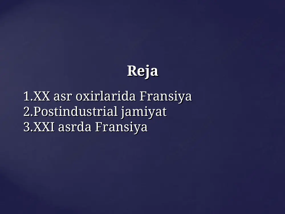 ishsizlik mislsiz darajaga yetdi. sotsialistlarning obro’yi tushib ketdi. markaziy va sharqiy yevropada kommunistik rejimlarning qulashi, sssr va yugoslaviyaning tarqalib ketishi, rossiya hukumati tomonidan rasman kommunizmning qoralanishi nafaqat kommunistlarni, balki butun sotsialistik g’oyalar va qadriyatlar tizimini obro’sizlantirdi. 1993-yili milliy majlisga bo’lib o’tgan saylovlarda o’ng kuchlar parlamentda mutlaq ko’p o’ringa ega bo’ldi. jak shirak (1932-2019-yillarda yashagan) fransiya prezidenti (1995-yil 17-may – 2007-yil 16-may) 1995-yilgi prezidentlik saylovlarda jak shirak g;olib chiqdi va ishsizlikka qarshi kurashni, jamiyatning boylar va qashshoqlarga bo’linishini bartaraf qilishni asosiy vazifa deb e’lon qildi. tashqi siyosatda uning asosiy faoliyati fransiyaga yevropa ittifoqining “yetakchisi” va butun dunyo uchun “erk mayog’i” rolini qaytarishga qaratildi. yangi hukumat davlat budjeti kamomadini kamaytirish, dandlikni ta’minlash rejasini e’lon qildi. 1996-yildan yimning o’sish sur’atlari, kapital kiritish va shaxsiy iste’mol hajmi oshdi. postindustrial jamiyat. 1990-yillari fransiyada postindustrial jamiyatning shakllanish jarayoni davom etdi. fransiyaning qiyofasini o’zgartirdi. parij va boshqa yirik shaharlarda osmono’par binolar paydo bo’ldi. butun mamlakatni avtomobil yo’llari …