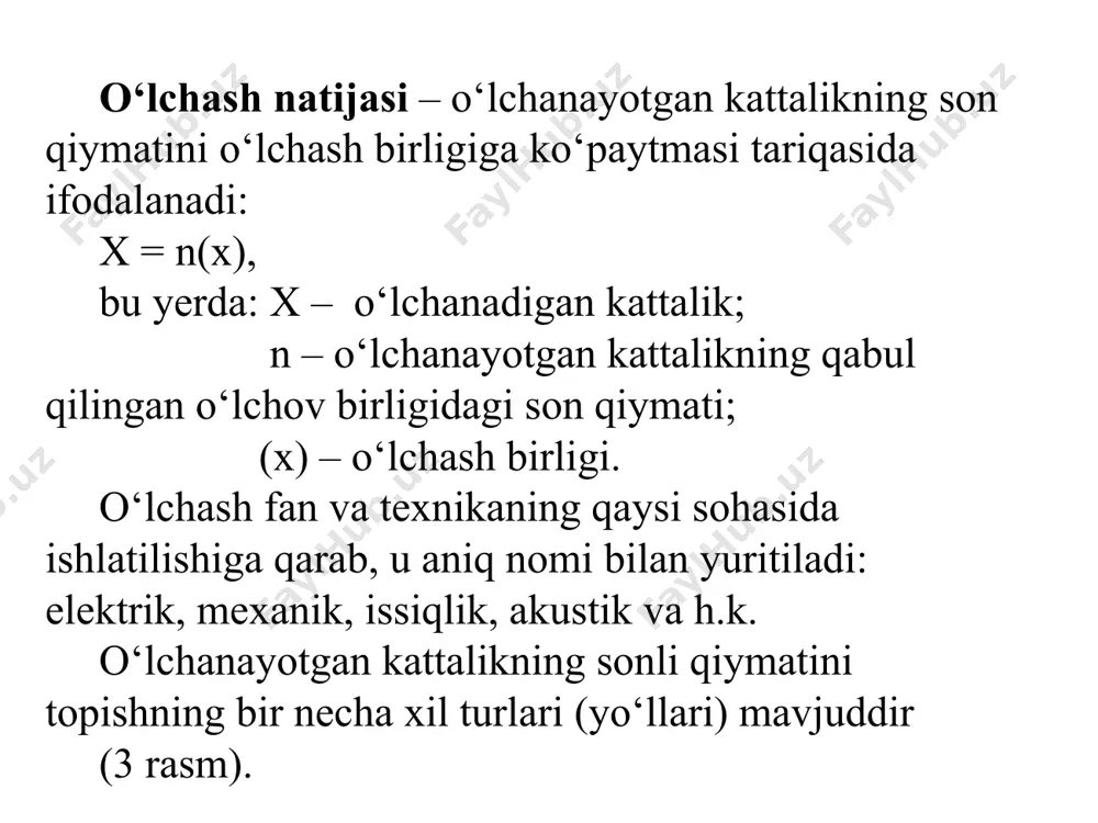 o‘lchov sanaladi. masalan, g‘adir – budurlikning namunalari, namlikning standart namunalari. namunaviy modda esa, muayyan tayyorlash sharoitida hosil bo‘ladigan va aniq xossalarga ega bo‘lgan modda sanaladi. masalan, “toza suv”, “toza metall” va hokazolar. “toza rux” 4200 c haroratni hosil qilishda ishlatiladi. kattalikning o‘lchamini hosil qilish va foydalanishda quyidagi qatorni yodda tutishimiz lozim bo‘ladi: ishchi o‘lchash vositalari, namunaviy o‘lchash vositalari, ishchi etalon, solishtirish etaloni, nusxa etalon, ikkilamchi etalon, maxsus etalon, birlamchi etalon va davlat etaloni. mustaqil ta’lim topshirig’i 1. o’lchash usullari 2. o’lchash vositalari e’tiboringiz uchun rahmat image1.png image2.png image3.png image4.png image5.png image6.jpeg image7.jpeg /docprops/thumbnail.jpeg