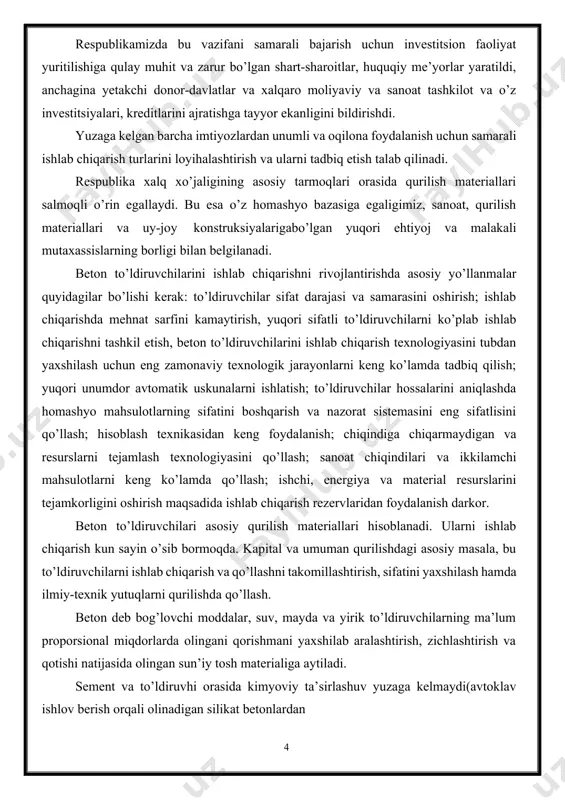 ik uskunalarni ishlatish; to’ldiruvchilar hossalarini aniqlashda homashyo mahsulotlarning sifatini boshqarish va nazorat sistemasini eng sifatlisini qo’llash; hisoblash texnikasidan keng foydalanish; chiqindiga chiqarmaydigan va resurslarni tejamlash texnologiyasini qo’llash; sanoat chiqindilari va ikkilamchi mahsulotlarni keng ko’lamda qo’llash; ishchi, energiya va material resurslarini tejamkorligini oshirish maqsadida ishlab chiqarish rezervlaridan foydalanish darkor. beton to’ldiruvchilari asosiy qurilish materiallari hisoblanadi. ularni ishlab chiqarish kun sayin o’sib bormoqda. kapital va umuman qurilishdagi asosiy masala, bu to’ldiruvchilarni ishlab chiqarish va qo’llashni takomillashtirish, sifatini yaxshilash hamda ilmiy-texnik yutuqlarni qurilishda qo’llash. beton deb bog’lovchi moddalar, suv, mayda va yirik to’ldiruvchilarning ma’lum proporsional miqdorlarda olingani qorishmani yaxshilab aralashtirish, zichlashtirish va qotishi natijasida olingan sun’iy tosh materialiga aytiladi. sement va to’ldiruvhi orasida kimyoviy ta’sirlashuv yuzaga kelmaydi(avtoklav ishlov berish orqali olinadigan silikat betonlardan boshqa). shuning uchun to’ldiruvchilarni inert ashyolar deb ataydilar. biroq, ular beton hususiyati va tarkibiga ta’sir qiladi va bu ta’sirni beton tarkibini loyihalashda hisobga olish taqozo etiladi. to’ldiruvchi sifatida asosan mahalliy …