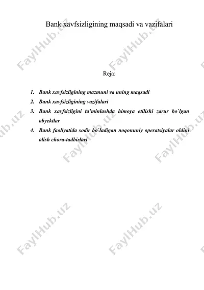 bank xavfsizligining maqsadi va vazifalari — DOC