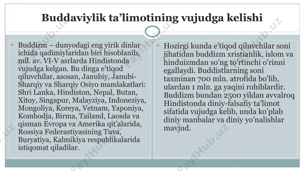 i inkor qildi. budda «yaratuvchi oliy kuch»ning borligiga shubha va ishonchsizlik bildirgan. uning fikricha, eng muhimi insonning shaxsiy kamoloti va ezgu turmush tarzidir. budda ta’limotining asosida «hayot – bu azob, uqubat» va «najot yo’li mavjud» degan g`oyalar yotadi. buddizm ta’limotiga ko’ra, inson o’ziga xos mavjudot bo’lib, tug`iladi, o’zini o’zi halok qiladi yoki qutqaradi. buddaviylik ta`limotida to`rt haqiqat birinchi haqiqat – «azob-uqubat mavjuddir». ikkinchi haqiqat – «qiynoqlarning sabablari mavjuddir». uchinchi haqiqat – «qiynoqlarni tugatish mumkin». to’rtinchi haqiqat – «qiynoqlardan qutilish yo’li mavjuddir». buddaviylikda inson kamolotining bosqichlari axloq normalari – «pancha shila» (buddaning besh nasihati): m e d i t a t s i y a to’g`ri tushunish (to’g`ri e’tiqod qilish) – buddaning birinchi da’vatida so’z yuritilgan to’rt haqiqatni bilish va unga ishonish; to’g`ri niyat qilish – dunyoviy lazzat-halovatlardan xalos bo’lishga, keraksiz fikrlar va boshqalarga zarar etkazib qo’yishdan saqlanishga intilish; o’zini to’g`ri tutish – o’ziniki bo’lmagan narsaga ko’z olaytirmaslik, ortiqcha hissiyotga berilmaslik; …