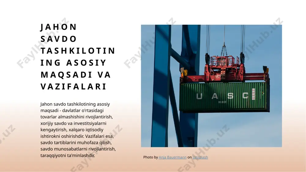 aydi. jahon savdo tashkiloti xizmatlarining o'rni va ahamiyati 1 savdo tartibi jahon savdo tashkiloti, savdo tartibini tuzish, qonunlar va aniq huquqlarni ta'minlashda katta rol o'ynaydi. 2 savdo rivojlanishi wto a'zolari o'rtasida savdo rivojlanishi uchun kelajakda zarur samaradorlik va imkoniyatlarni ta'minlash maqsadida hamkorlik qilishadi. 3 xalqaro hamkorlik wto a'zolari o'rtasidagi savdo munosabatlari yaxshi o'zaro munosabatlarni rivojlantirish, iqtisodiy hamkorlikni mustahkamlash va tartibni saqlashda yordam bera oladi. xalqaro savdo tashkilotining struktura va a'zolari xalqaro savdo tashkiloti, qo'shimcha qurullangan organlari va a'zolari orqali faoliyat ko'rsatadi. bu tashkilotning tuzilishi, a'zolari, va faoliyatlarining o'zgarishi dunyodagi savdo munosabatlari uchun muhimdir. photo by bernd 📷 dittrich on unsplash savdo rivojlanishini ta’minlash a'zolari savdo rivojlanishining mohiyati savdo rivojlanishini ta’minlashda, mamlakatlar o'rtasidagi savdo munosabatlari va uning tuzilishi muhim ahamiyatga ega. xalqaro savdo qoidalarining o'zgarishi xalqaro savdo munosabatlari o'zgarayotganida, mamlakatlar o'rtasidagi savdo rivojlanishiga o'z hissasi kengayadi va yangi imkoniyatlar ochiladi. xalqaro savdo munosabatlari to'g'risida muzokaralar mamlakatlar o'rtasidagi savdo munosabatlari haqida muzokaralar …