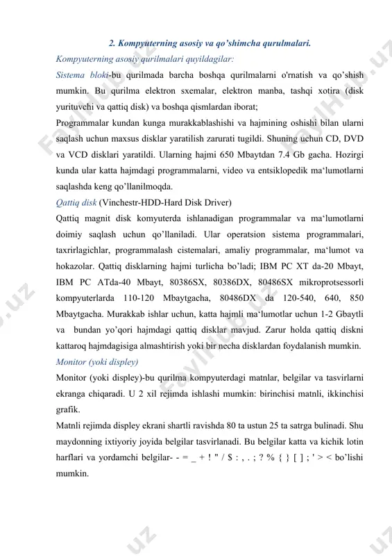 tugmalar: [esc] [enter] [ctrl] [alt] [shift] [tab] [insert] [delete] [backspace] [capslock] asosiy tugmalar va ularning vazifalari f1-tugmasi ko’p dasturlarda bosilganda sizga yerdam buradi ya‘ni nima qilishni tushuntiradi. enter-tugmasi tasdiklash tugmasi bu tugma orqali kirgizayotgan ma‘lumotlarni kompyuter xotirasiga kiritiladi. esc-inkor tugmasi bajaraetgan vazifalarni inkor qilish mumkin, ba‘zi br dasturlarda chiqish vazifasini ham bajaradi. shift-tugmasi orqali tugmani tepa qismida ko’rsatgan belgilarni chikazish mumkin yoki harflarni registirini almashtirish mumkin. misol: agar siz 1-tugmasini bossangiz, ekranda 1 raqami chikadi, agar shift-ni bosib turib, 1-ni bossangiz, undov belgisi (!) chikadi. agar siz a-tugmasini bossangiz sizga ekranga a-harfi chop etiladi. agar shift orqali bosilsa, katta a harfini chiqaradi. capslock-tugmasi orqali katta harfdan kichikga va kichikdan kattaga o’tish mumkin (capslock chirokchasi yonsa, katta harflar, uchirilsa kichik harflar). tab-bu tugma orqali bir oynadan ikkinchi oynaga o’tish yoki 8-xonaga surish. ctrl va alt bu tugmalar o’zlari hech narsani bajarmaydi ammo bu tugmalarni bosib turib boshqa tugmani bosangiz bosilgan tugmalarni …