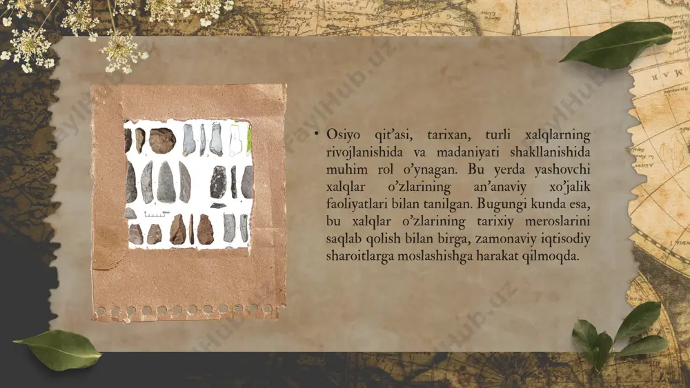 biy koreya va yaponiya kabi mamlakatlar yuqori texnologiyali sanoat va ishlab chiqarish sohalarida yetakchi hisoblanadi. elektronika, avtomobil sanoati, to'qimachilik va oziq-ovqat sanoati bu davlatlarda muhim o'rin tutadi. turizm turizm sohasida ham osiyo mamlakatlari katta imkoniyatlarga ega. yaponiyaning tarixiy joylari, xitoyning buyuk xitoy devori, hindistonning taj mahal kabi diqqatga sazovor joylar, sayyohlarni jalb qiladi. turizm, shuningdek, mahalliy iqtisodiyotga katta hissa qo'shadi. an'anaviy hunarmandchilik osiyo xalqlari an'anaviy hunarmandchilik mahsulotlari, masalan, ipak, keramika, yog'och o'ymakorligi va boshqa san'at asarlarini ishlab chiqarishda davom etmoqda. bu mahsulotlar nafaqat ichki bozorda, balki xalqaro bozorga ham chiqariladi. din va m a’naviv m adaniyat. din. old osiyo bir necha dmlaming vatanidir. ulardan bid zoroastrizm qadimda va o‘rta asrlarda eron, afg‘oniston, o‘rta osiyo, ozarbayjon va boshqa yaqin va o‘rta sharq mamlakatlarida tarqalgan, hozirda otashparastlardan.«porslar hindistonda, gerblar eronda yashamoqda. zoraastrlar muqaddas kitobi “avesto”, bosh ilohi – axuramazda. dinning asosiy g’oyasini dunyoda mavjud ikki kuch: ezgulik va yovuzlik orasidagi kurash tashqi …