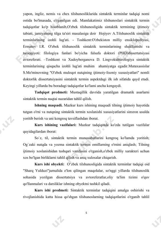 . til jamiyat taraqqiyoti, mehnat faoliyati jarayonida yuzaga kelganligi uchun ijtimoiy xarakter kasb etadi. til faqat jamiyatda, odamlar orasida ijtimoiy qurol vazifasini bajardi. uning taqdiri, yashashi va rivojlanishi faqat shu tilda gaplashuvchi jamiyat a'zolariga bog'liq holda bo'ladi. til va jamiyat o'rtasidagi behad mustahkam aloqadorlikni butun ko'lami bilan anglash, tilshunoslik va sotsiologiyaning kesishadigan ko'plab nuqtalarini idrok etish natijasida dunyo tilshunosligida sintaktik terminlar tadqiqi yo'nalishi yuzaga keldi. o'zbekiston respublikasining iqtisodiy, ijtimoiy, siyosiy va madaniy- ma'naviy sohalardagi rivoji fan va ta'lim darajasini yanada kuchaytirish, fanlarning iqtisodiy va ijtimoiy samaradorligiga erishishning yangi bosqichlariga ko'tarishni dolzarb qilib qo'ymoqda. ayniqsa, til ta'limining milliy ma'naviyatni o‘rganish masalasi atroflicha ishlanishni talab qiluvchi, nazariy va amaliy qimmati katta bo‘lgan dolzarb masalalaridandir. kurs ishining amaliy tuzilishi: ushbu kurs ishi kirish, 2 bob, 4 ta paragraf, xulosa , foydalanilgan adabiyotlardan iborat bo‘lib, 41 betni tashkil etadi. i bob. sintaktik termin va sintaktik terminologiya. 1.1. sintaktik termin va sintaktik terminologik lug‘atlar, ularning …