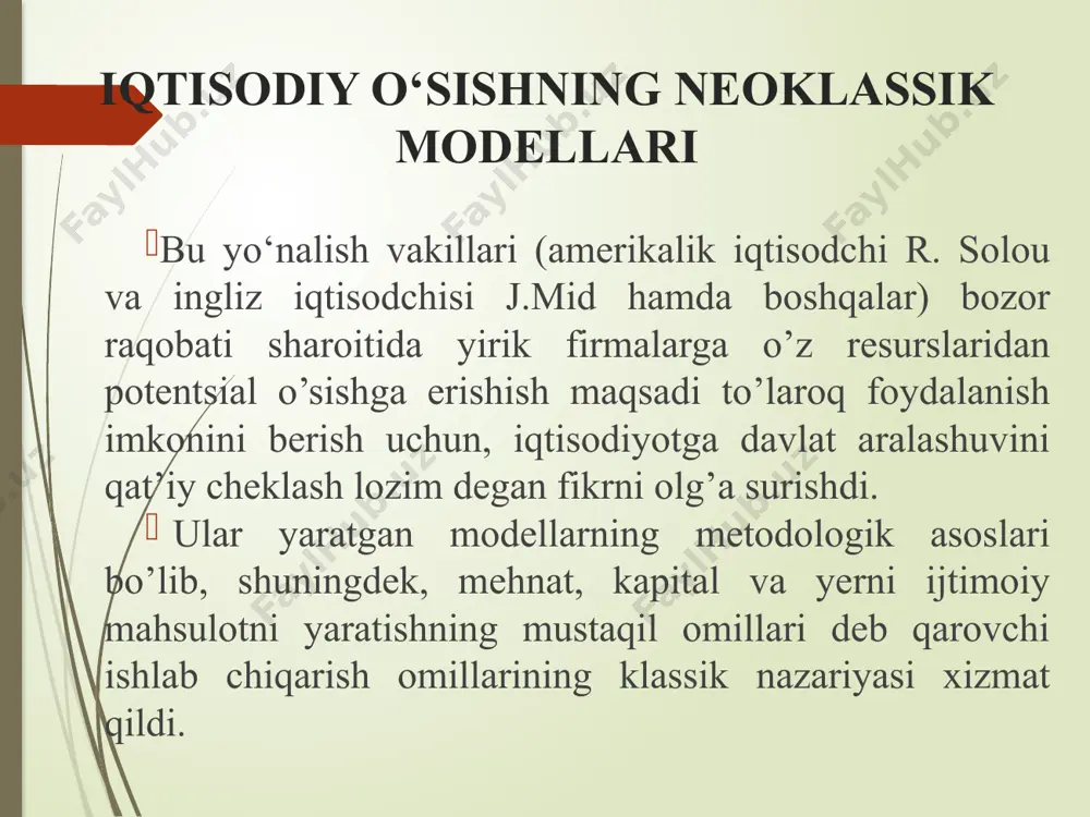 g tengligi shartini quyidagicha yozish mumkin: f(k)=c+i f(k)= i/s ishlab chiqarish funktsiyasi tovarlar bozorida taklifni, kapital jamg’arish esa ishlab chiqarilgan mahsulotga talabni belgilaydi. r. solou modeli ishlab chiqarish hajmi dinamikasi kapital (kapital bilan qurollanganlik) hajmiga bog’liq. kapital hajmi esa uning chiqib ketishi va investitsiyalar ta’sirida o’zgaradi. investitsiyalar kapital zahirasini orttiradi, chiqib ketish (amortizatsiya) esa uni kamaytiradi. investitsiyalar fond bilan qurollanganlik va jamg’arish normasiga bog’liq.. bu iqtisodiyotda talab va taklif tengligi shartidan kelib chiqadi: i= sf(k). jamg’arish normasi (s) k ning har qanday miqdorida mahsulotning investitsiya va iste’molga bo’linishini belgilaydi: y = f(k), i= sf(k), s=(1-s)f(k investitsiyalar va kapitalning chiqib ketishining iqtisodiy muvozanatga tasiri e’tiboringiz uchun rahmat image1.png image2.png image3.png image4.png image5.png image6.png image7.png image8.png /docprops/thumbnail.jpeg