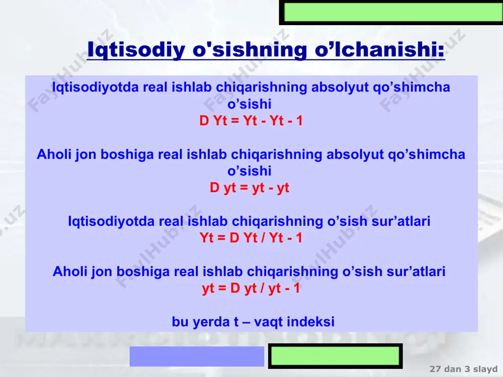 bo’lsa, taklif ko’lamdan doimiy qaytimiga ega bo’lgan ishlab chiqarish funksiyasi bilan tavsiflanadi: y =f(k,l) y= f(k) k y y – 1 ishchiga to’g’ri keladigan ishlab chiqarish hajmi (mehnat unumdorligi) k – kapital bilan qurollanganlik darajasi (1 ishchiga to’g’ri keladigan kapital hajmi) k=k/l 27 dan * slayd 12 mavzu. iqtisodiy o’sish texnologiya va mehnat resurslarining hajmi o’zgarmas holdagi talab y=c+i c=(1-s)y i=sy c – iste’mol normasi s – jamg’arma normasi i – investitsiyalar ishlab chikarilgan mahsulotning iste’mol va investitsiya bo’lishini jamg’arma normasi (s) belgilaydi y mpk c= f(k) y i = sf(k) k 27 dan * slayd 12 mavzu. iqtisodiy o’sish texnologiya va mehnat resurslarining hajmi o’zgarmas holda kapital zaxiralariga ta’sir etadigan omillar 1 ishchiga to’g’ri keladigan kapital zaxiralari (k) investitsiyalar i=sy=sf(k) amortizatsiya =  к – bir yil ichida 1 ishchiga to’g’ri keladigan kapital zaxiralarning o’zgarishi i – bir yilda 1 ishchiga to’g’ri keladigan investitsiyalar hajmi  - bir yil …