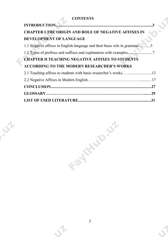 sion pq-5117 dated may 19, 2021 of the president of the republic of uzbekistan «on measures to bring the activity of popularizing the study of foreign languages to a qualitatively new level in the republic of uzbekistan»] this paper discusses the negative affixes and its role in development of language. the paper comprises two chapters and analysis of the fourth form foreign language textbook (apresyan, thovmasyan). in chapter 1 i speak about the current and traditional affixes of language as a main subject and give a brief description of each affixe. negation is not a new topic which accured recently. it has been argued since aristotle came out with the idea about logic. aristotle clearly attaches the greatest importance to this topic. he sets out three types of opposition of particular interest such as contrariety, privation, and contradiction. aristotle says that contradiction is the primary opposition, for it is sheer, …