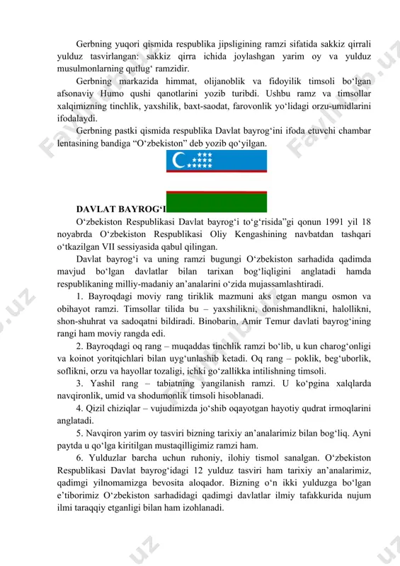 iston respublikasi va viloyatlar vakillari, davlat, jamoat tashkilotlari va xo‘jaliklarning rahbarlari, olimlar, mutaxassislar kiritildi. konstitutsiyaviy komissiya o‘zbekiston respublikasining konstitutsiyasini yaratish ustida 2,5 yil ishladi. loyihaning dastlabki varianti 1991-yilning oktabr-noyabrigacha tayyorlab bo‘lindi. u dastlab muqaddima, olti bo‘lim va 158 moddadan iborat edi. bu loyiha hali mukammal emasligi, boisi uning ustida yanada jiddiyroq va talabchanlik bilan ishlash zarur edi. 1992-yil bahorida esa loyihaning 149 moddadan iborat ikkinchi varianti ishlab chiqildi. 1992-yilning kuz oylarida o‘zbekiston respublikasining konstitutsiyasi loyihasi umumxalq muhokamasi uchun 2-marta matbuotda e'lon qilindi. umumxalq muhokamasi davrida 6 mingdan ortiq taklif va mulohazalar bildirildi. 1992-yil 8-dekabrda xii chaqiriq o‘zbekiston respublikasi oliy kengashining xi sessiyasi bo‘ldi. unda mamlakatning asosiy qonunini qabul qilish masalasi muhokama qilindi. sessiyada deputatlar loyihaga 80 ga yaqin o‘zgartirish, qo‘shimcha va aniqliklar kiritdilar. shu kuni o‘zbekiston respublikasi oliy kengashining xi sessiyasi “o‘zbekiston respublikasining konstitutsiyasini qabul qilish to‘g‘risida”, “o‘zbekiston respublikasining konstitutsiyasi qabul qilingan kunni umumxalq bayrami deb e'lon qilish to‘g‘risida”gi qonunlarni …