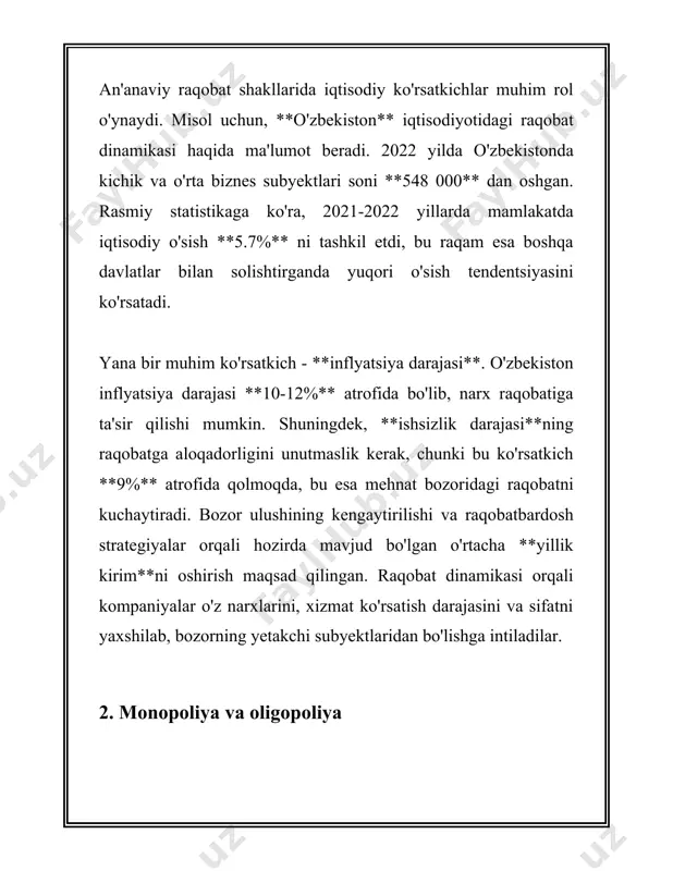 o‘yicha yuqori o‘rinlarni egalladi. ular hosildorlik va innovatsion faoliyat ko‘rsatkichlari bilan ajralib turadi. 3. **narxlar barqarorligi va sifat**: - erkin raqobat narxlar barqarorligini ta'minlashga yordam berishi mumkin. masalan, yevropa ittifoqida raqobatni tartibga soluvchi qat'iy siyosatlar tufayli ba'zi mahsulotlarning o'rtacha narxlari yillik inflyatsiya darajasidan pastroq suratda o'sib bormoqda. 4. **raqobatning foydalari**: - raqobat iste'molchilarga sifatli tovar va xizmatlarni qulay narxlarda taqdim etishi mumkin. masalan, raqobat tufayli hindistonda mobil aloqa xizmatlarining narxi oxirgi 10 yil ichida 95 % ga arzonlashdi, bu esa aholi sonining ko'plab qismini raqamli infratuzilmalardan foydalanishga imkon yaratdi. 5. **energiya sektori**: - energiya sektori, ayniqsa, elektr energiyasi bozorlari, raqobatni oshirish orqali xarajatlarni kamaytirishga erishadi. aqshda elektr energiyasi yoyilmasidan foydalanuvchi maqbullashtirilgan davrali raqobat ko'rsatkichlari avvalgi yillarga nisbatan 20-30 % samaradorligini oshirgan. 6. **texnologik innovatsiyalar**: - raqobat texnologik innovatsiyalarni rag'batlantiradi. masalan, 2019 yilda global it va texnologiya kompaniyalari raqobat tufayli o‘z tadqiqot va rivojlanish xarajatlari uchun 1000 milliard dollargacha mablag‘ sarflagan. …