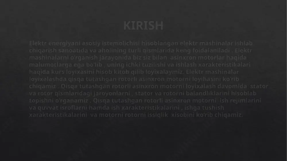 metrlarini hisoblashda qisqa tutashgan xalqani oʻlchamlarini aniqlab oldim 5-rasm. havo oraligʻini aniqlash stator diametri orqali 6-rasm. loyihlaniyotgan motorni rotor koʻrinishi magnit zanjirini xisoblash magnit zanjirini hisoblash punktida asosan motorning magnit zanjiri qismlaridagi induktsiyalari vz1=1,8 tl vz2=1,8 tl , rotor yormasining hisobiy balandligi h’j=26,5 mm, stator va rotor yormasini oʻrtacha uzunliklarni la=0,11 va lj=0.04 mm, magnit zanjirini toʻyinish koeffitsientini hisoblab aniqlab oldim. magnit zanjirini hisoblashda magnitlovchi tokni im=4,94 a va magnitlovchi tokni nisbiy birlikdagi qiymati im*=0,399 a aniqlangan hisoblashlar yordamida aniqladim. ish rejimining parametrlarini xisoblash ish rejimlari parametrlarini hisoblashda stator va rotor choʻlgʻamini aktiv r1=1,27 om r2=81,8 *10-⁶ om , reaktiv va induktiv x1=1.11 om x2=259*10-⁶om qarshiliklarini , ularni nisbiy birlikdagi qiymatini aniqladim . statorni faza choʻlgʻami uzunligi l1=102.96 m , gʻaltakni oʻrtacha kengligini bgal=0,094m va gʻatakni pazdan chiqib turgan qismini uzunligini k lchiq=0,5 mm hisoblab ularni qiymatlarini belgilab oldim . bu qiymatlarini hisoblashdan maqsad stator va rotor choʻlgʻamlaridagi sodir boʻladigan …