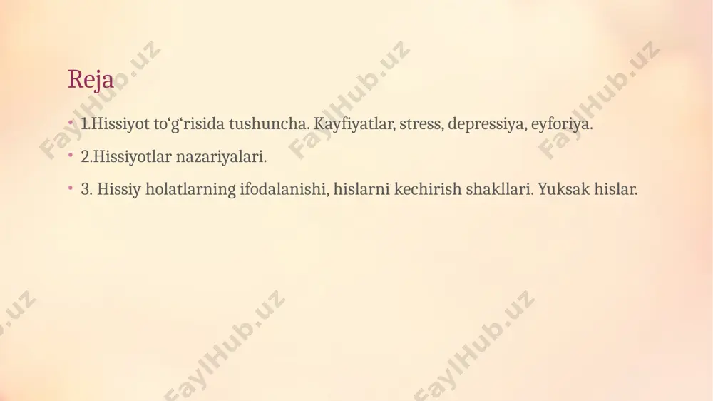 ir. m.vohidovning "bolalar psixologiyasi" o’quv qo’llanmasida hissiyot deb - tashqi olamdagi narsa va hodisalarga bo’lgan ichki kechinmalarimizning ongimizda aks ettirilishga aytiladi. q.turg’unov muallifligidagi lug’atda hissiyot-shaxsning voqelikdagi narsa va hodisalarga, kishilarga hamda o’z-o’ziga bo’lgan munosabatlarida kelib chiqadigan yoqimli yoki yoqimsiz kechinmalardan iborat. professor e.g’oziev muallifligidagi "umumiy psixologiya" darsligida hissiyot- odamda, tirik mavjudotlar miyasida, ya'ni shaxslarning ehtiyojlarini qondiruvchi va unga monelik qiluvchi ob'ektlarga nisbatan uning munosabatlarini aks ettirish ma'nosida qo’llaniladi. [xaydarova] . ilmiy nuqtai nazardan kelib chiqib tashlil qilinganda “hissiyot" odatda tirik mavjudodlar miyasida, ya'ni shaxslarning ehtiyojlarini qondiruvchi va unga monelik qiluvchi ob'ektlarga nisbatan uning (odamning) munosabatlarini aks ettirish ma'nosida qo’llaniladi. jahon psixologiyasida "hissiyot" bilan "emosiya" terminlari (ayniqsa chet mamlakatlarda) bir xil ma'noda ishlatiladi, lekin ularni aynan bir xil holat deb tushunish mumkin emas. bunday nuqson ommabop adabiyotlarda, chet ellarda chop etilgan darsliklarda aksariyat hollarda uchraydi. odatda tashqi alomatlari yaqqol namoyon bo’ladigan his-tuyg’ularni ichki kechinmalarda ifodalanishdan iborat psixik jarayon yuzaga kelishining aniq …