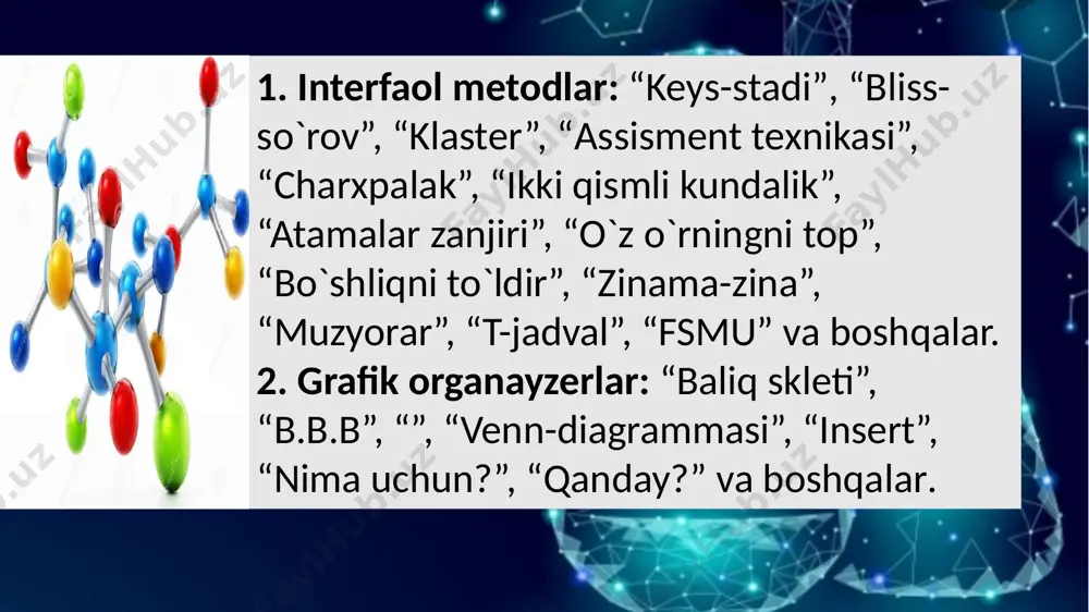 mlik elektr himoya protektor himoya antikorrozion qotishmalar yaratish muammoli vaziyat mr( h2so4)= kim epchilu mr(ca (оh)2)= kim chaqqon mr(nahso4 )= mr (k3(fe{cn}6) )= o`yini mr agcl= mr hcn= mr znohno3= mr mg(oh)2= mr fe2o3= mr cao= mr mn2o7= mr p2o5= klaster- moddalar oddiy murakkab metallar metalmaslar anorganik organik 88 ta 22 ta 500 mingga yaqin 20 mln.dan ortiq davriy sistemadagi barcha elementlar asosan c, h, o, s, p, n va mikroelementlar roziman rozi emasman 1)inson organik kimyo turiga mansub inson anorganik kimyo turiga mansub 2) ingibitor katalizator kuchini oshiradi, promotor kamaytiradi ingibitor katalizator kuchini kamaytiradi, promotor oshiradi 3) metallar korroziyasi namlikdan kelib chiqadi metallar quruq havoda korroziyalanadi 4) tuzlar suvda erisa gidrolizga uchraydi tuzlar suvda erisa salvolizga uchraydi o`z o`rningni top metodi atamalar - zanjiri ` 21 tamom e`tiboringiz uchun raxmat image1.jpg image2.png image3.jpg image4.jpg image5.jpg image6.jpg image7.jpg image8.jpg image9.jpg image10.png image11.jpg image12.jpeg image13.jpg image14.jpg image15.jpg image16.png image160.png image17.jpg image18.jpg …