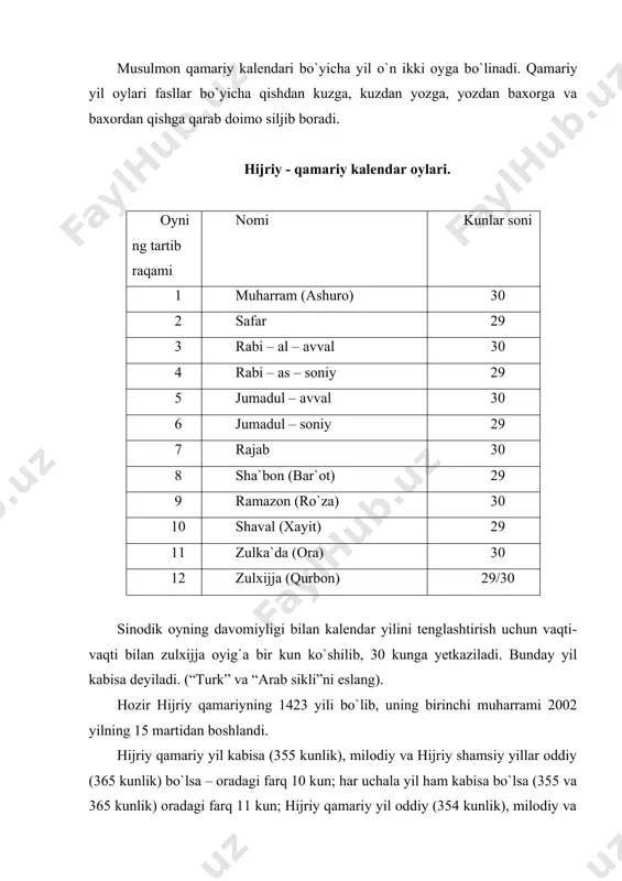 bо`lsa, hijriy qamariy yil hisobiga aloxida tо`xtalib о`tganmiz. bilamizki islom dini besh ustun asosida kurilgan: iymon, namoz, zakot, rо`za, xaj. mamlakatimizda konstitusiyaga (31-modda)muvofiq fuqarolarning vijdon erkinligi xuquqi ta`minlangan. har yili musulmonlar hijriy qamariy hisob bо`yicha rо`za tutib, xaj ziyoratiga boradilar. islomda shariat yuzasidan yangi oy kо`rinishiga qarab aniqlanishi lozim bо`lgan kunlar: rо`za tutish uchun ramazon oyining birinchi kuni, rо`zadan chiqishh uchun shavval oyining birinchi kuni, xaj va qurbonlik qilish uchun zulxijja oyining birinchi kuni. о`tmishda shu kunlarni aniqlashda yangi oyni kuzatish uchun kо`zi о`tkir kishilar ufq yaxshi kо`rinadigan tepaliklarda kuzatish olib borganlar va ularning xabarlari asosida kalendarning yangi oyi boshlangan. ana shulardan kelib chiqib yurtimizdagi behisob tepalar yangi oyni aniqlash, azon aytish yoki namoz vaqtlarini belgilash uchun xizmat qilgan desak xato bо`lmas. о`tmishda musulmon mamlakatlarining astronomlari yangi oyning qachon kо`rinishini oldindan aytib berish uchun oy va quyoshning osmondagi vaziyatlarini e`tiborga olib, hisob-kitob qilishgan. masalan, ix asr boshida buyuk vatandoshimiz muhammad …