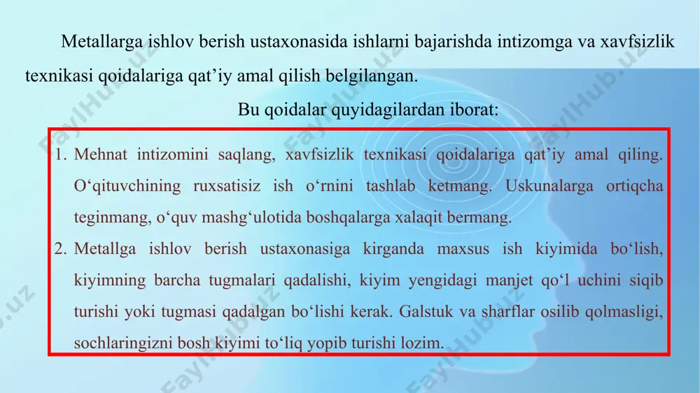allar guruhining ajratib olinishi iqtisodiy jihatdan samarali miqdori mavjud bo‘lgan tog‘ jinslariga aytiladi (57-rasm). tarkibidan bir necha xil metall olinadigan rudalar kompleks rudalar deyiladi. hozirgi paytda metall buyumlar bosim bilan ishlov berish va prokatlash usullarida ishlab chiqariladi. bosim bilan ishlash deb metallarni sovuq yoki qizdirilgan holda kuch ta’sirida buyum va detallar hosil qilish jarayoniga aytiladi. bu jarayonda metallarga bosim bilan ishlov berishning quyidagi asosiy turlari qo‘llaniladi (8-shakl). yirik quyma zagotovkalarni prokatlash mashina (stan)larining qarama-qarshi yoki bir tomonga aylanuvchi jo‘valari oralig‘idan ezib o‘tkazib ishlashga prokatlash deyiladi (59-rasm). bu usulda tunuka va simlar olinadi. agar metall tashqi kuch ta’sirida o‘z shaklini o‘zgartirsa-yu, sinmasa, u plastik metall deyiladi. metallning mana shu xossasidan uni tekislashda, bukishda va yoyishda keng foydalaniladi.