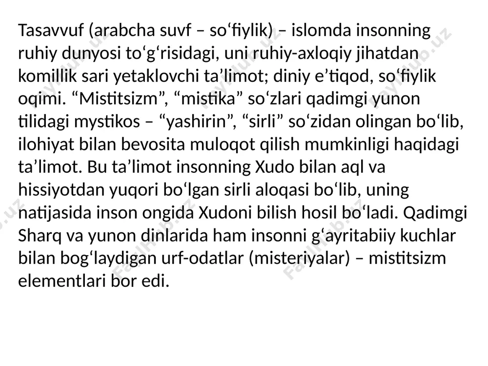 atama oʻrnida “zuhd” (zohidlik, tarkidunyochilik), “taqvodorlik”, “parhezkorlik” kabi iboralar ishlatilgan. misrlik olim ibrohim basyuniy “islomda tasavvufning paydo boʻlishi” nomli kitobida hijriy iii–iv asrlarda yashab oʻtgan olimlarning tasavvuf haqidagi 40 ta taʼrifini keltiradi. shu tariqa, tasavvuf islom shariati talablarini ixlos bilan bajargan holda zuhd, taqvo, kamtarlik kabi olijanob fazilatlarni oʻzida mujassam etib, nafsni poklash yoʻli bilan komil inson darajasiga erishishga harakat qilishdan iborat. islom huquqshunosligida, sharʼiy koʻrsatmalarni amalga tatbiq etishda 4 ta yoʻnalish boʻlganidek, tasavvufda ham bir necha tariqatlar shakllangan. mashhurlari – tayfuriya, junaydiya, hakimiya, qodiriya, yassaviyya, malomatiyya, kubroviyya, mavlaviya, naqshbandiya tariqatlaridir. tasavvuf tadrijiy taraqqiyotga ega bir ta'limot bo�lib, islom olamida viii asrda paydo bo'lgan. dastlab u zohidlik harakati ko�rinishida kurtak yozadi. muhammad payg�ambar vafotidan keyin musulmonlar jamoasida bo�linish yuz beradi. ayniqsa, xalifa usmon zamonida boylikka ruju qo�yish qimmatbaho tuhfalar bilan qarindosh � urug�lar yaqin kishilarni siylash rasm bo�ladi. ummaviya xalifaligi davriga kelib esa, saroy hashamlari, dabdabali bezaklar, oltin � kumushga …