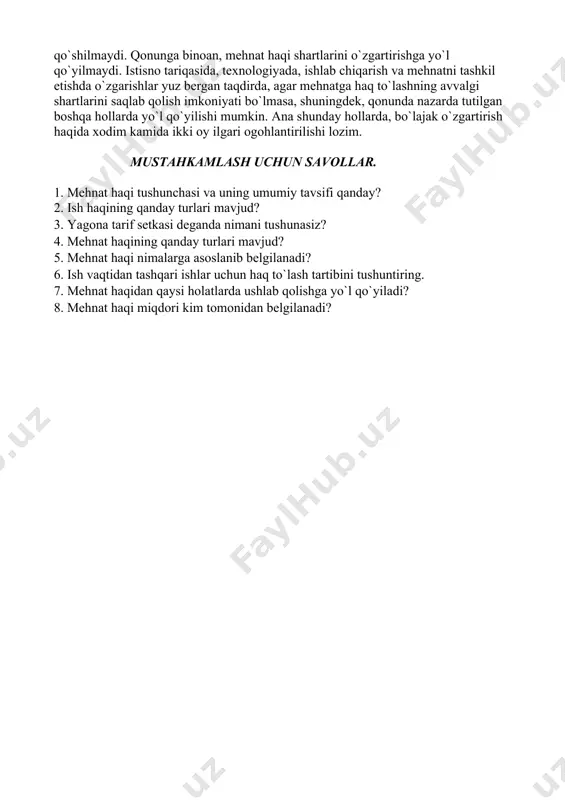 obaynida aniq maqsadlar uchun ajratiladigan mablag`lar sarfi yo`nalishlari va miqdoridan iboratdir. mazkur qonunning 4-moddasida ko`rsatilishicha, byudjet tizimi turli darajadagi byudjetlar va byudjet mablag`lari oluvchilar yig`indisi, byudjetlarni tashkil etish va tuzish tamoyillarini, byudjet jarayonida ular o`rtasida, shuningdek, byudjet hamda mablag`lar oluvchilar o`rtasida vujudga keladigan o`zaro munosabatlarni ifodalaydi. davlat byudjeti daromadlari va harajatlarini boshqarish o`zbekiston respublikasi moliya vazirligi tomonidan amalga oshiriladi. mehnat shartnomasining taraflar kelishuvi bilan belgilangan mehnat haqi miqdori jamoa shartnomasi yoki kelishuvida o`rnatilgan miqdordan kam bo`lishi mumkin emas. ta`kidlash joizki, mehnat haqining eng kam miqdoriga qo`shimcha to`lovlar, ustamalar, rag`batlantirish tarzidagi to`lovlar, normal ish vaqtidan chetga chiqqan bajarilgan ishlar uchun oshirilgan miqdorda to`lanadigan haq, shuningdek, rayon koeffitsientlari qo`shilmaydi. qonunga binoan, mehnat haqi shartlarini o`zgartirishga yo`l qo`yilmaydi. istisno tariqasida, texnologiyada, ishlab chiqarish va mehnatni tashkil etishda o`zgarishlar yuz bergan taqdirda, agar mehnatga haq to`lashning avvalgi shartlarini saqlab qolish imkoniyati bo`lmasa, shuningdek, qonunda nazarda tutilgan boshqa hollarda yo`l qo`yilishi mumkin. ana shunday hollarda, …