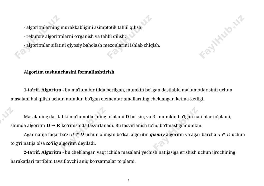 r bo’yicha biri ha ikkinchisi yo’q yo’nalishlarni beradi, parallelogramm- ma’lumotlarni kiritish yoki chiqarish, yordamchi algoritmga murojaat - parallelogramm ikki tomoni chiziq, yo’naltiruvchi chiziq - blok-sxemadagi harakat boshqaruvi, nuqta-to’g’ri chiziq (ikkita parallel) - qiymat berish. algoritmda bajarilishi tugallangan amallar ketma-ketligi algoritm qadami deb yuritiladi. har bir alhoxida qadamni ijro etish uchun bajarilishi kerak bo’lgan amallar haqidagi ko’rsatma buyruq deb aytiladi. algoritmlarni ko’rgazmaliroq qilib tasvirlash uchun blok-sxema, ya’ni geometrik usul ko’proq qo’llaniladi. algoritmning blok-sxemasi algoritmning asosiy tuzilishining yaqqol geometrik tasviri: algoritm bloklari, ya’ni geometrik shakllar ko’rinishida, bloklar orasidagi aloqa esa yunaltirilgan chiziqlar bilan ko’rsatiladi. chiziqlarning yunalishi bir blokdan so’ng qaysi blok bajarilishini bildiradi. algoritmlarni ushbu usulda ifodalashda vazifasi, tutgan o’rniga qarab quyidagi geometrik shakl(blok) lardan foydalaniladi. algoritmlar berilishi va ifodalanishiga qarab: chiziqli, tarmoqlanuvchi va takrorlanuvchi turlarga bo’linadi. algoritmning turlari bilan tanishtirganda, avvalo hyech qanday shart tekshirilmaydigan va tartib bilan faqat ketma-ket bajariladigan jarayonlarni ifodalaydigan chiziqli algoritmlar aytib o’tiladi. algoritm xato natijalarni keltirib …