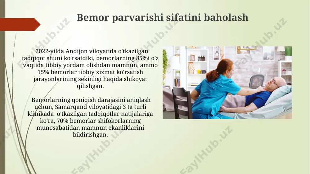terapiya bo'limlarida bunday monitoring muntazam o'tkaziladi. tibbiy xatoliklarning oldini olish aqshning jons xopkins universiteti tadqiqotlari shuni ko'rsatdiki, tibbiy xatolarning 70% inson omili bilan bog'liq, shuning uchun xodimlarni doimiy ravishda o'qitish va malakasini oshirish juda zarur. 2022 yilda o'zbekistonda o'tkazilgan tadqiqotlar natijalariga ko'ra, bemorlarning 25% tibbiy ko'rsatmalarni noto'g'ri tushunishi sababli xatoliklar yuz beradi, shuning uchun bemorlarga aniq va tushunarli tarzda tushuntirish lozim. bemorning xavfsizligini ta'minlash bemorning xavfsizligini ta'minlashda, samarqanddagi 3-sonli shifoxonada o'tkazilgan tadqiqotlar shuni ko'rsatdiki, bemorlarning 85%i to'shakdan tushishdan himoyalash vositalaridan foydalanish orqali jarohatlardan saqlanishi mumkin. bemor xavfsizligi protokollariga rioya qilish, masalan, dori vositalarini to'g'ri dozalarini berish va 24 soatlik kuzatuv o'tkazish, bemorlar orasida yuqumli kasalliklarning tarqalishini 15% ga kamaytiradi. davolash rejasi va uning amalga oshirilishi qo'llaniladigan dori-darmonlar va ularning dozasi, shuningdek, fizioterapiya yoki boshqa muolajalar, masalan, samarqanddagi reabilitatsiya markazida o'tkazilishi mumkin bo'lgan 10 seansli kurs, davolash rejasida aniq ko'rsatilishi zarur. davolash rejasi bemorning yoshi (masalan, 65 yosh), kasallikning og'irligi va …