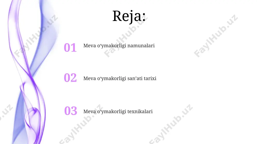 adi, bu yuqori aniqlik va sabr-toqatni talab qiladi. asosiy texnikalar meva o‘ymakorligida 3 o‘lchovli shakllarni yaratish uchun 1-3 mm qalinlikdagi maxsus pichoqlardan, shu jumladan, yassi, yumaloq va uchli pichoqlar to‘plamidan foydalaniladi. murakkab naqshlarni yaratishda, masalan, 5-7 qatlamli gullarni yaratishda, qatlam-qatlam o‘yish texnikasi qo‘llanilib, har bir qatlam alohida ehtiyotkorlik bilan o‘yib chiqiladi. asboblar va materiallar nozik ishlar uchun 0,5-1 mm qalinlikdagi va 2-3 sm kenglikdagi, katta ishlar uchun esa 2-3 mm qalinlikdagi 5-7 sm kenglikdagi turli o'lchamdagi ishlangan metall asboblari qo'llaniladi. mehnat xavfsizligini ta'minlash uchun 3-5 ta turli o'lchamdagi temirdan yasalgan maxsus pichoqlar, shuningdek, 1-2 ta turli shakldagi kaltaklagichlardan foydalanish tavsiya etiladi. e'tiboringiz uchun rahmat @taqdimot_robot image4.jpg image5.jpg image6.jpg image7.jpg image8.jpg image9.jpg image10.jpg image1.jpeg image2.jpeg image3.jpeg