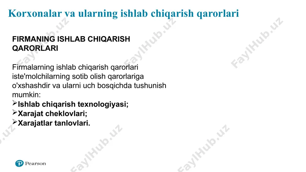 dan foydalangan holda yoki juda avtomatlashtirilgan kapitalni talab qiladigan zavodni qurgan va juda kam ishchi kuchidan foydalangan holda oyiga 10000 televizor ishlab chiqarishi mumkin. 2. narxlarni cheklash: firmalar ishchi kuchi, kapital va boshqa manbalar narxlarini hisobga olishlari kerak. iste'molchi cheklangan byudjet bilan cheklangani kabi, firma ham uning ishlab chiqarish tannarxi haqida qayg'uradi. masalan, oyiga 10000 televizor ishlab chiqaradigan firma buni qisman foydalanadigan materiallar narxlari bilan belgilanadigan umumiy ishlab chiqarish narxini minimallashtirish usulida qilishni xohlaydi. 3. kiritish tanlovi: uning ishlab chiqarish texnologiyasi va ishchi kuchi, kapital va boshqa manbalar narxlarini hisobga olgan holda, firma o'z mahsulotini ishlab chiqarishda har bir kiritilgan mablag'ning qancha qismini ishlatishini tanlashi kerak. iste'molchi har bir tovarning qanchasini sotib olish to'g'risida qaror qabul qilishda har xil tovarlarning narxlarini hisobga olgani kabi, firma ham har bir mahsulotning qancha qismini ishlatishni hal qilishda har xil ma'lumotlarning narxlarini hisobga olishi kerak. agar bizning elektronika ishlab chiqaradigan firma ish haqi past …