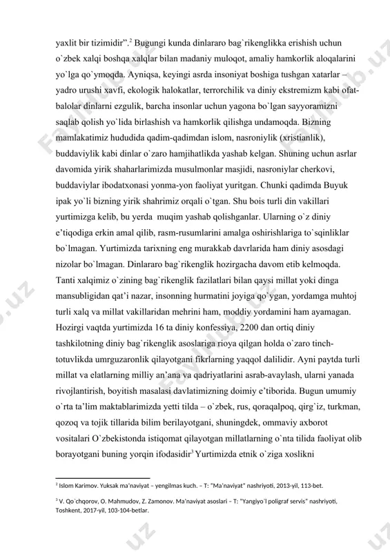 iy muloqot, amaliy hamkorlik aloqalarini yo`lga qo`ymoqda. ayniqsa, keyingi asrda insoniyat boshiga tushgan xatarlar – yadro urushi xavfi, ekologik halokatlar, terrorchilik va diniy ekstremizm kabi ofat-balolar dinlarni ezgulik, barcha insonlar uchun yagona bo`lgan sayyoramizni saqlab qolish yo`lida birlashish va hamkorlik qilishga undamoqda. bizning mamlakatimiz hududida qadim-qadimdan islom, nasroniylik (xristianlik), buddaviylik kabi dinlar o`zaro hamjihatlikda yashab kelgan. shuning uchun asrlar davomida yirik shaharlarimizda musulmonlar masjidi, nasroniylar cherkovi, buddaviylar ibodatxonasi yonma-yon faoliyat yuritgan. chunki qadimda buyuk ipak yo`li bizning yirik shahrimiz orqali o`tgan. shu bois turli din vakillari yurtimizga kelib, bu yerda muqim yashab qolishganlar. ularning o`z diniy e’tiqodiga erkin amal qilib, rasm-rusumlarini amalga oshirishlariga to`sqinliklar bo`lmagan. yurtimizda tarixning eng murakkab davrlarida ham diniy asosdagi nizolar bo`lmagan. dinlararo bag`rikenglik hozirgacha davom etib kelmoqda. tanti xalqimiz o`zining bag`rikenglik fazilatlari bilan qaysi millat yoki dinga mansubligidan qat’i nazar, insonning hurmatini joyiga qo`ygan, yordamga muhtoj turli xalq va millat vakillaridan mehrini ham, moddiy yordamini ham …
