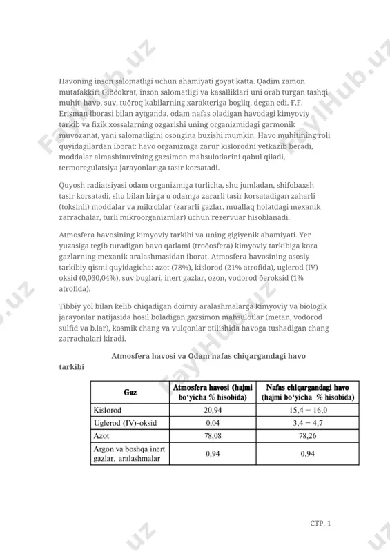 alari nafas bilan olingan havo tarkibidagi kislorodning taxminan 1/4 qismini yutadi. nafas bilan olinadigan havo tarkibidagi kislorod miqdo- rining 7�8% gacha kamayishi organizmning kislorod bilan yetarlicha ta�minlanmasligiga hamda hayot faoliyatining buzi- lishiga olib keladi. shuni aytish kerakki, mns (markaziy nerv sistemasi) giðoksiyaga, ayniqsa sezuvchandir. havo muhitida doimo kislorod aylanishi sodir bo�lib turadi, shu sababli at- mosferada uning miqdori deyarli o�zgarmaydi. kislorod odam va hayvonlarning nafas olishi, organik moddalarning oksidlanishi, yoqilg�ining yonishi va boshqalarga sarf qilinadi. atmosferadagi kislorod miqdori o�simliklar chiqaradigan kislorod hisobiga tiklanib turadi. o�simliklar karbonat angidrid gazini yutib, undagi uglerodni o�zlashtiradi va ajralib chiqqan erkin kislorodni atmos- feraga ajratadi. suv bug�larining atmosfera yuqori qatlamlarida ultrabinafsha nurlar ta�siri ostida fotokimyoviy ðarchalanishi ham kislorod hosil bo�ladigan manbadir. odatiy sharoitlarda (kis- lorod kirishi cheklangan holatlar: suvosti kemalari, shaxtalar, ðana joylar va shu kabilar bundan istisno) kislorod yetish- movchiligining bo�lmasligi shu bilan izohlanadi.organizm uchun kislorodning havodagi absolut miqdori emas, balki uning ðarsial bosimi …