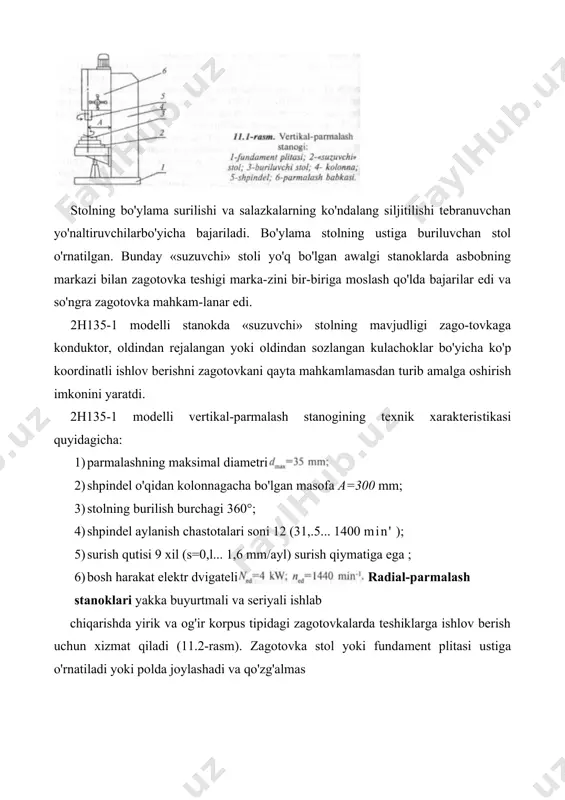 gan; 2а554ф1 — avtomatik sikl va shpindelning raqamli indikatsiyasiga ega bo'lgan; 2554ф2 — raqamli dastur bo'yicha boshqariladigan koordinat-parmalash stanogi. radial-parmalash stanoklaridan 2ш55 modelli stanok alohida o'rin tutadi. bu stanok ko'chma, buriluvchan parmalash kallagiga ega bo'lib, yirik gabaritli zagotovkalarning har xil tekisliklardajoylashgan teshik-lariga ishlov beradi. ko'p shpindelli gorizontal-parmalash stanoklari. agregat stanoklar haqida tushuncha ko'p shpindelli parmalash stanoklarining uch asosiy turi mav- jud. 1) shpindellari bir qatordajoylashib ketma-ket bir detaldagi har xil diametrli yoki bir teshikka turli asboblar bilan ishlov berishga mo'ljallangan stanoklar. masalan, 2, 3 yoki 4 shpindelli bir qatorli stol-plitali stanok 2н135ц; to'rt shpindelli stanoklardan biri 2h118-4 modeli bilan belgilanadi (11.3-rasm). 2) bir necha teshiklarni bir vaqtning o'zida ishlash uchun mo'ljallangan shpindellari almashinadigan, kolokol tipidagi parma​lash kallagiga ega bo'lgan stanoklar, masalan, 2170m modelli stanok. 3) keng ko'lamli ishlab chiqarish uchun mo'ljallangan ko'p shpindelli agregat stanoklari. katta chuquriikka ega bo'lgan teshiklarga ishlov beruvchi stanoklar uzunligi diametrdan bir necha marta katta bo'lgan …