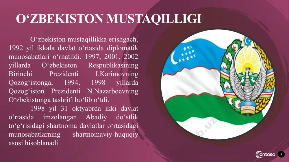 , 1% ga yaqini sug‘oriladi. 1954 – 60 yillarda qo‘riq va bo‘z yerlarning o‘zlashtirilishi natijasida qozog‘iston g‘alla yetishtiruvchi yirik respublikaga aylandi. lalmi va sug‘oriladigan yerlarda g‘allachilik bilan birga go‘sht-jun qo‘ychiligi va go‘sht-sut chorvachiligi ham rivojlangan. g‘allachiliqda, asosan, bug‘doy yetishtiriladi. shuningdek, paxta, kungaboqar, zig‘ir, yem-xashak ekinlari ekiladi. mevachilik, tokchilik, polizchilik rivojlangan. chorvachilikda qoramol, cho‘chqa, qo‘y va echki, uy parrandasi, tuya va yilqi boqiladi. mustaqil taraqqiyot yo‘li va oldimizda turgan vazifalarning ma’no-mohiyati va ahamiyati respublikamizning bosib o‘tgan mustaqil taraqqiyot yo‘li va oldimizda turgan vazifalarning ma’no-mohiyati va ahamiyati haqida so‘z yuritganda, bu yo‘lni alohida ikki davrga ajratish to‘g‘ri bo‘ladi. hech shubhasiz, bu davrlarning har biri mamlakatimiz tarixida o‘ziga xos va o‘ziga mos muhim o‘rin egallaydi. bugun 16 yil mobaynida boshimizdan kechirgan kunlar, haftalar, oylarni ana shu nuqtai nazardan baholar ekanmiz, qat’iy ishonch bilan aytish mumkinki, o‘tish davri va milliy davlatchilik asoslarini shakllantirish bilan bog‘liq birinchi galdagi islohot va o‘zgarishlarni o‘z ichiga olgan dastlabki …
