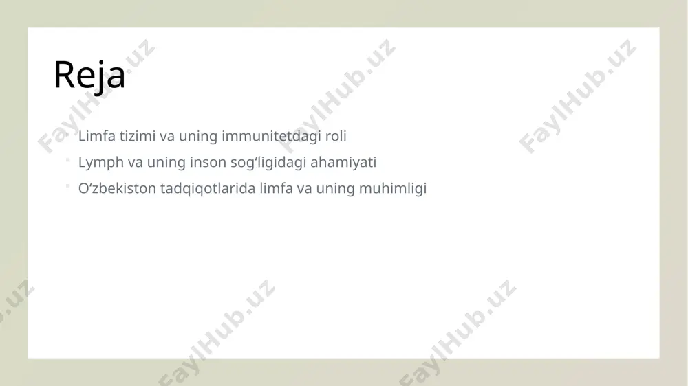 yordam beradi, umumiy sog‘liqni yaxshilaydi. immunitetni mustahkamlashda limfa va uning komponentlari 1 lymphatik komponentlar limfa tizimining asosiy komponentlari bo‘lib, ular immunitetni qo‘llab-quvvatlaydigan limfa bezi va limfa tugunlaridan iborat. ular patogenlarni aniqlash va yo‘q qilishda muhim rol o‘ynaydi. 2 immunitetni kuchaytiruvchi ta’sir limfa va uning komponentlari immun javoblarni faollashtiradi, organizmni xavfli viruslar va bakteriyalardan himoya qilib, sog‘liqni mustahkamlaydi. 3 tibbi yondashuvlar va rivojlanish zamonaviy tibbiyot limfa tizimini muhofaza qilish va tiklash uchun yangi texnologiyalar va metodlarni ishlab chiqmoqda, bu esa immunitetni oshirishda muhim ahamiyatga ega. limfa tizimining inson sog‘ligidagi muhimligini tushunish limfa tizimining ahamiyati limfa tizimi immunitetni qo‘llab-quvvatlaydi, zararli mikroblar va toksinlarni olib tashlaydi, shuningdek, organizmning suyuqlik muvozanatini saqlaydi. immun javobda roli limfa oqimi immun javoblarni faollashtiradi, antitellarning ishlab chiqilishi va mikroblarga qarshi kurashda muhim rol o‘ynaydi. sog‘liqni saqlashdagi ta’siri to‘g‘ri ishlashga erishilgan limfa tizimi, xastaliklar oldini olish va davolashda muhim bo‘lib, umumiy sog‘liqni mustahkamlashga yordam beradi. limfa tizimining inson immunitetidagi …