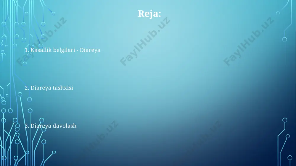 ba'zi hollarda, masalan, og'ir suvsizlanishda, vena ichiga suyuqlik yuborish talab etilishi mumkin. 1-2 kun davomida vena ichiga yuborish 3-4 litrgacha suyuqlikni tiklash uchun zarur bo'lishi mumkin, ayniqsa bolalarda. davolash diareya bilan kasallangan bemorlarning taxminan 80 foizi og'iz orqali rehidratatsiya eritmalari (ore) bilan muvaffaqiyatli davolanishi mumkin; kattalar uchun odatda 2-3 litr ore 4-6 soat ichida tavsiya etiladi. sabablari bakterial infeksiyalar, masalan, salmonella yoki e. coli, ifloslangan oziq-ovqat yoki suv orqali yuqishi mumkin va bu diareyaning 10-15% holatlariga sabab bo'lishi mumkin. ba'zi dorilar, jumladan antibiotiklar, diareya keltirib chiqarishi mumkin, chunki ular ichaklardagi normal bakterial florani buzadi, bu esa 5-25% holatlarda kuzatilishi mumkin. virusli infeksiyalar, masalan, rotavirus va norovirus, yosh bolalarda diareyaning eng ko'p uchraydigan sabablaridan biri bo'lib, 70% gacha holatlarni tashkil qilishi mumkin. oldini olish oltinafaqat bolani 6 oylikkacha faqat ona suti bilan boqish, agar ona suti yetarli bo'lmasa, shifokor maslahati bilan moslashtirilgan sut aralashmalari berish mumkin. suv berish tavsiya etilmaydi. oltinafaqat …