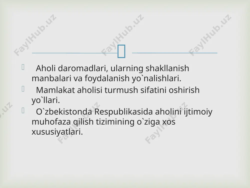 a olingan daromadlardir. real daromadlar iste`mol narxlarining indeksiga qarab tuzatilgan joriy davrdagi nominal pulli daromadlardir. aholining turmush darajasini quyidagi to`rt ko`rsatkich bilan ajratish mumkin:  to`q turmush darajasi - insonning har tomonlama kamol topishini ta`minlaydigan ne`matlardan foydalanish normal daraja - insonning jismoniy va aqliy kuch-quvvatini to`la tiklash uchun qulay sharoitlarni ta`minlaydigan ilmiy asoslangan me`yorlar bo`yicha oqilona iste`mol qilish kambag’allik - mehnat uchun resurslarni qayta yaratishning quyi chegarasi sifatidagi ish qobiliyatini saqlash darajasida ne`matlarni iste`mol qilish qashshoqlik - iste`mol qilinishi insonning yashash qobiliyatini saqlash imkoniyatinigina beradigan ne`matlar va xizmatlarning biologik mezonlar bo`yicha yo`l qo`yiladigan minimal turlarini iste`mol qilish har bir insonning turmush darajasi havo va suv muhiti, uy-joy, maishiy va ishlab chiqarish sharoitlari, iste`mol tovarlarining sifati va hajmidan boshlab, to umumiy ijtimoiy-iqtisodiy va ekologik vaziyat, shuningdek siyosiy institutlarning ahvoligacha bo`lgan qator tabiiy va ijtimoiy omillar bilan belgilanadi. ularning eng diqqatga sazovorlari siyosiy, iqtisodiy, ijtimoiy soha va fan-texnik taraqqiyot, shuningdek ekologiyaga (atrof-muhitga) …