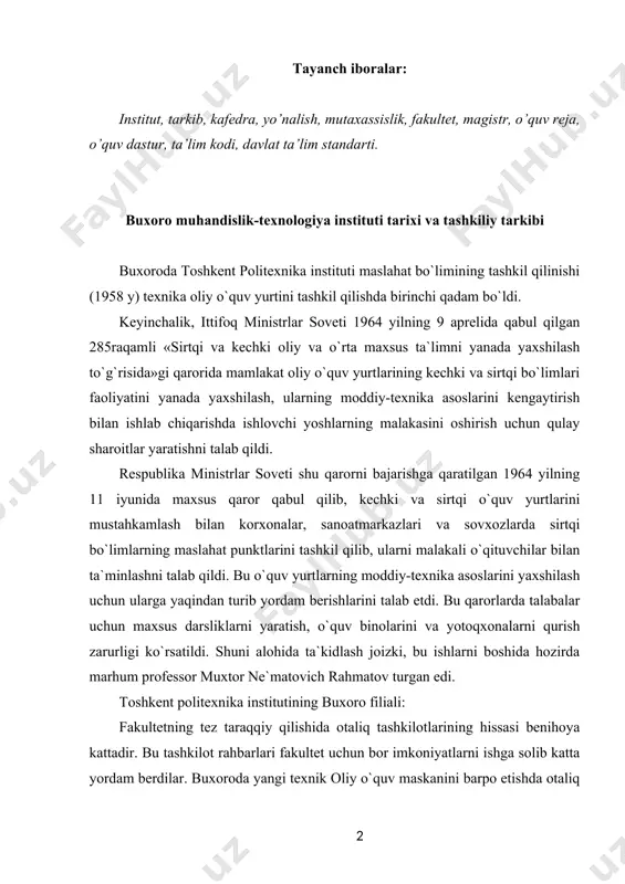 ilar. buxoroda yangi texnik oliy o`quv maskanini barpo etishda otaliq tashkilotlari tomonidan berilgan yordam miqdorini quyidagi jadvaldan ko`rish mumkin: 1959 yildan 1972 yilgacha bo`lgan davrda toshkent politexnika institutining buxoro kechki umumtexnika fakulteti jamoasi o`z faoliyati bilan zamontalabiga javob bera oladigan institutni tashkil qilish qo`lidan kelishini isbot qila oldi. fakultet ixtiyorida mustaqil o`quv-laboratoriya xonalari, oshxona, yotoqxona, qiroatxona, qurilish bo`limi, buxgalteriya, yangi o`quv-laboratoriya kompleksining qurilishini boshlanishi, o`qituvchilar tarkibining 36,2% ilmiy unvon va darajaga ega bo`lishi malakali muxandislarni etishtira olganligi va shunga o`xshashlar uni mustaqil o`quv yurtiga aylantirish payti etganligidan dalolat berar edi. fakultet 1972 yil 28 iyulda ittifoq oliy va o`rta maxsus ta`lim vazirligi tomonidan qabul qilingan qarorga asosan toshkent politexnika institutining filialiga aylantirildi. buxoro kechki unumtexnika fakulteti o`zining ish faoliyatini to`xtatib, toshkent politexnika institutining filialiga aylanar ekan, u 1971-1972 o`quv yilini 1909 kishilik talaba bilan 214 muhandisni tayyorlab chiqarish va yana fakultetga 525 kishini o`qishga qabul qilish bilan boshladi. shu vaqtda …