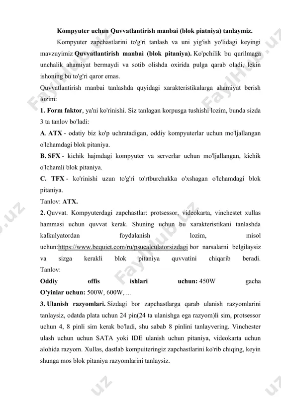 katlanadigan maxsus qurilmaga o’rnatilgan metall ignachalar qog’oz va qurilma orasiga o’rnatilgan rangli tasmaga tegib qog’ozda iz qoldirib ma`lumotlarni hosil qiladi, shu nuqtalarning to’plami esa qog’ozga belgilar yoki shakllarni chiqarilishini ta`minlaydi. ko’rinib turibdiki, bosma printerdan chiqarilayotgan axborotlarning rangi o’rnatilgan tasma rangiga mos bo’ladi. purkovchi printer- qog’ozga chiqariladigan ma`lumotlarni, maxsus idishdagi suyuqlikni juda kichik naycha teshigidan bosimli purkash yo’li bilan hosil qiladi. lazer printeri– ma`lumotlarni chop etishda rang solingan maxsus barabanga elektr maydonini ta`sir ettirishdan foydalanadi. bunday printerlar tez va soz ishlaydi, qog’ozga chiqariladigan axborotli mahsulotning sifati yuqoridir. bosma yoki purkovchi printer bir minutda bir bet ma`lumot chop etsa, lazer printerining shunday ko’rsatkichi o’n betdan ortiq. purkovchi va lazer printerlarda ma`lumotlarni turli rangli qilib chop etish imkoniyati mavjud. yurgichni boshqarish va qo’shimcha boshqarish vazifalarni bajaruvchi qurilmalarning quyidagi xillari mavjud: «sichqoncha», trekbol, joystik. «sichqoncha» – biror sirt bo’ylab surib yurgizilganda ichida joylashgan sharcha harakatga keladi, hosil bo’lgan signallar kompyuterga uzatiladi va ekranda yurgichning …