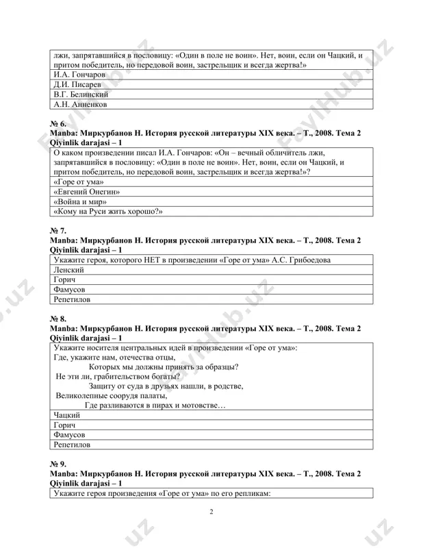 ой литературы xix века. – т., 2008. тема 2 qiyinlik darajasi – 1 укажите героя, которого нет в произведении «горе от ума» а.с. грибоедова ленский горич фамусов репетилов № 8. manba: миркурбанов н. история русской литературы xix века. – т., 2008. тема 2 qiyinlik darajasi – 1 укажите носителя центральных идей в произведении «горе от ума»: где, укажите нам, отечества отцы, которых мы должны принять за образцы? не эти ли, грабительством богаты? защиту от суда в друзьях нашли, в родстве, великолепные соорудя палаты, где разливаются в пирах и мотовстве… чацкий горич фамусов репетилов № 9. manba: миркурбанов н. история русской литературы xix века. – т., 2008. тема 2 qiyinlik darajasi – 1 укажите героя произведения «горе от ума» по его репликам: «ученье – вот чума. ученость – вот причина. что нынче пуще, чем когда безумных развелось людей, и дел, и мнений» фамусов репетилов молчалин софья № 10. manba: миркурбанов н. …